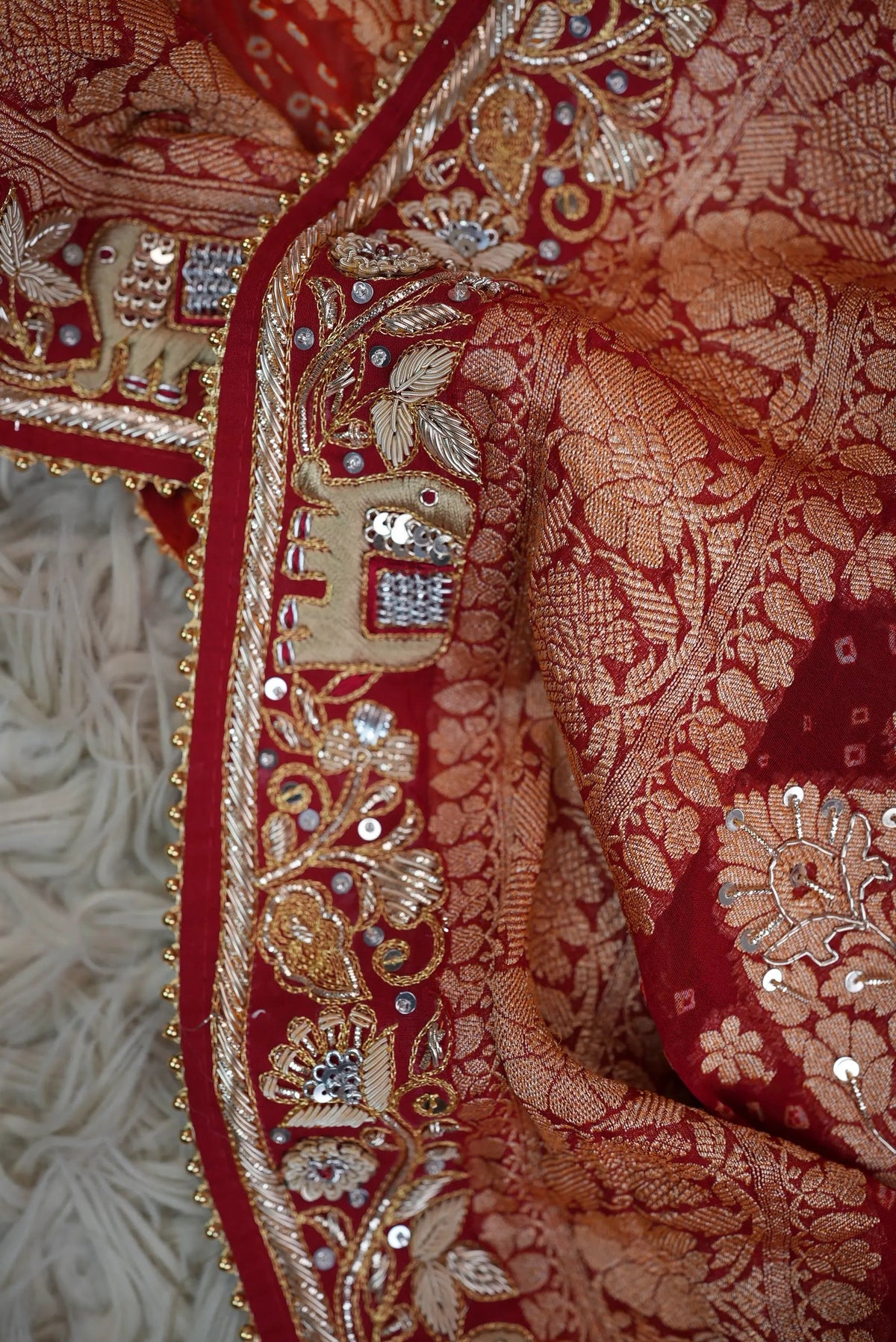 Pure Kaddi Georgette Rai Bandhej Dupatta With Kolkata Handwork & Elephant Motifs (PRE-BOOKING ITEM)