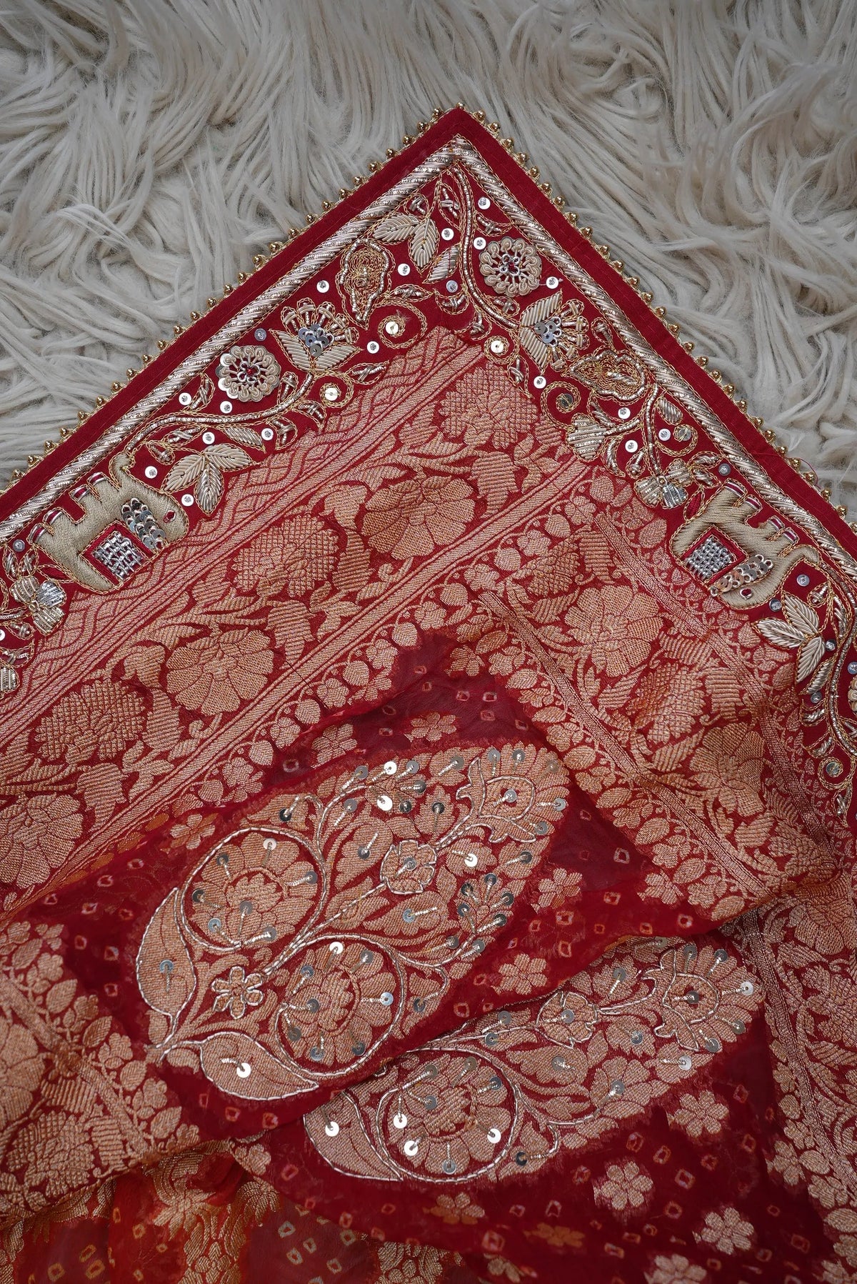 Pure Kaddi Georgette Rai Bandhej Dupatta With Kolkata Handwork & Elephant Motifs (PRE-BOOKING ITEM)