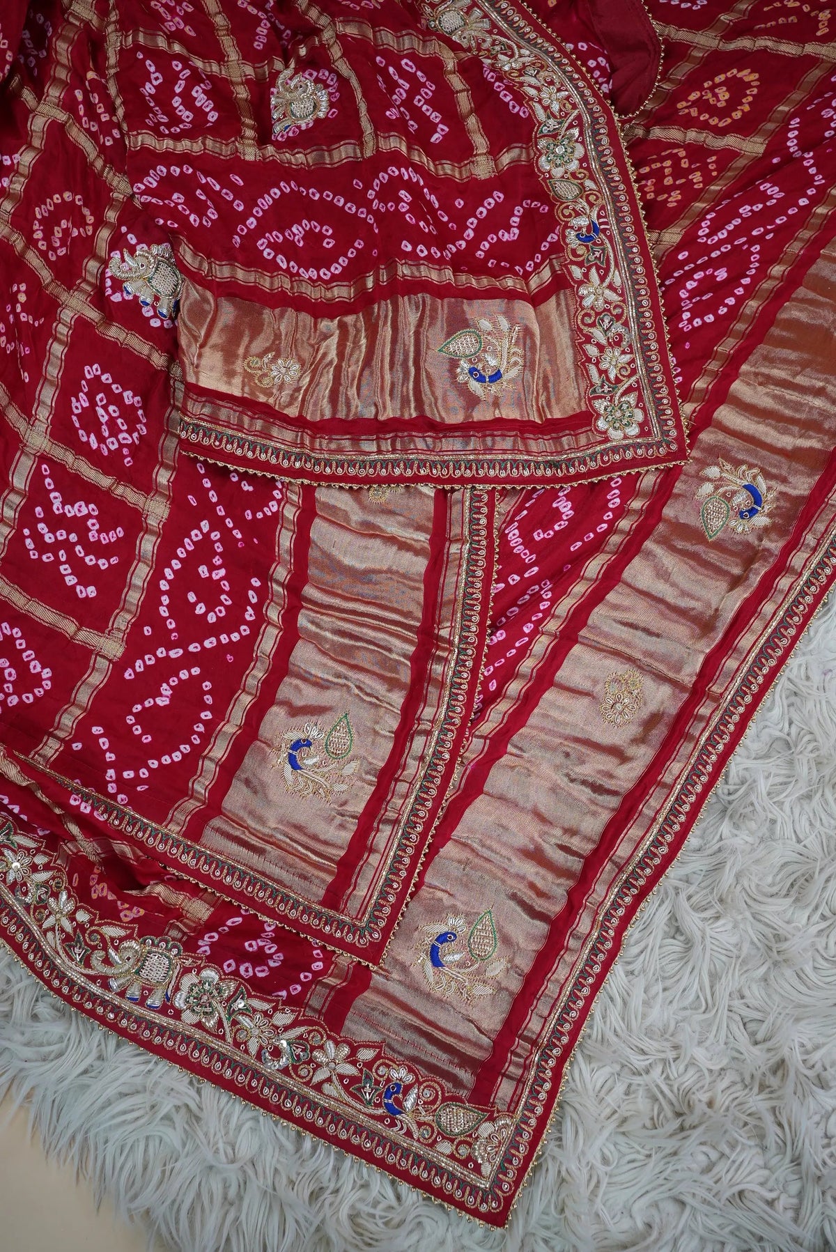 Pure Gajji Silk Ghatchola Pattern Bandhani and Zardozi Handwork Dupatta With Peacock Motifs (PRE-BOOKING ITEM)