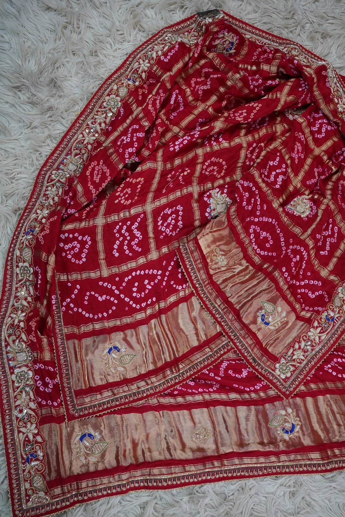 Pure Gajji Silk Ghatchola Pattern Bandhani and Zardozi Handwork Dupatta With Peacock Motifs (PRE-BOOKING ITEM)