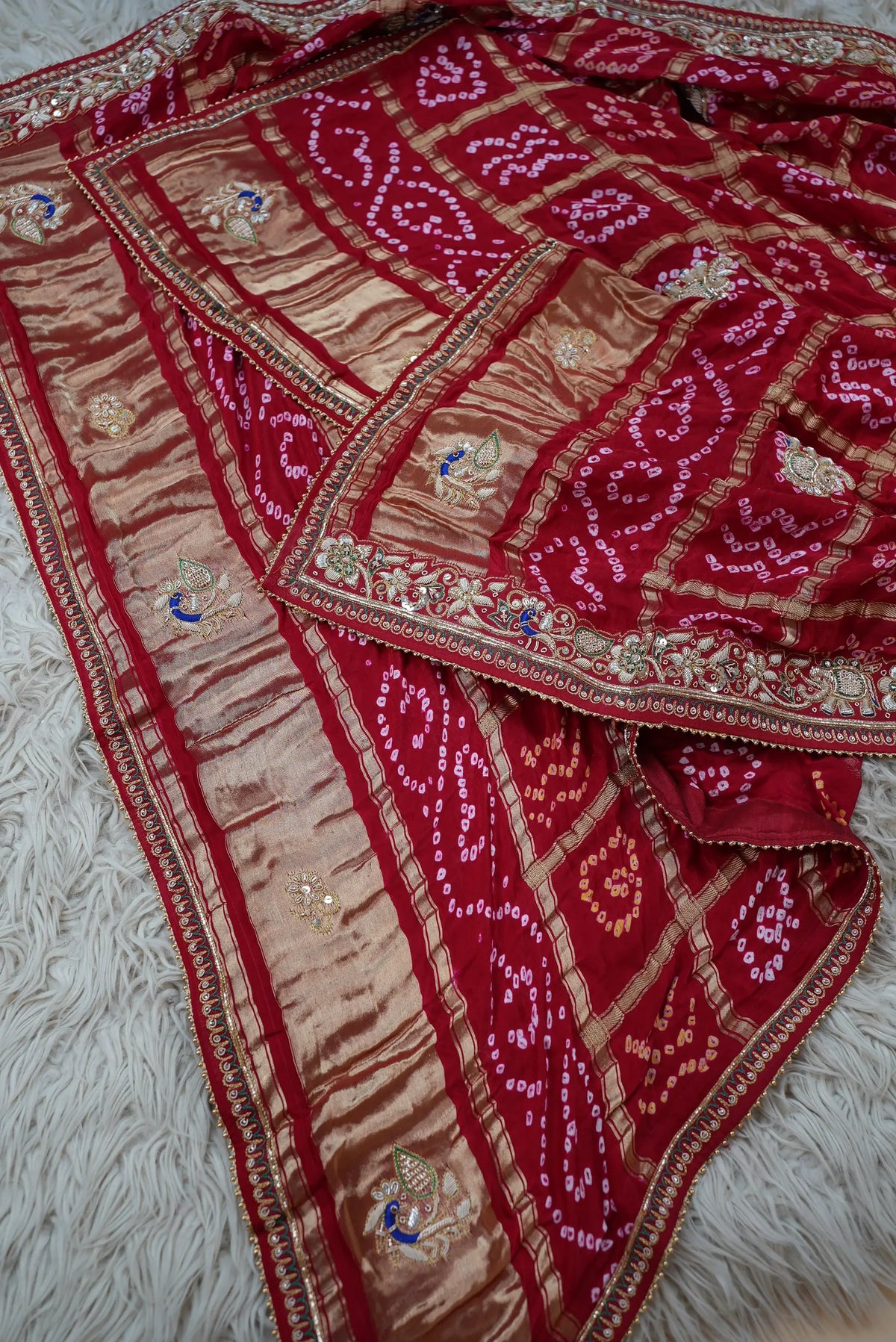 Pure Gajji Silk Ghatchola Pattern Bandhani and Zardozi Handwork Dupatta With Peacock Motifs (PRE-BOOKING ITEM)