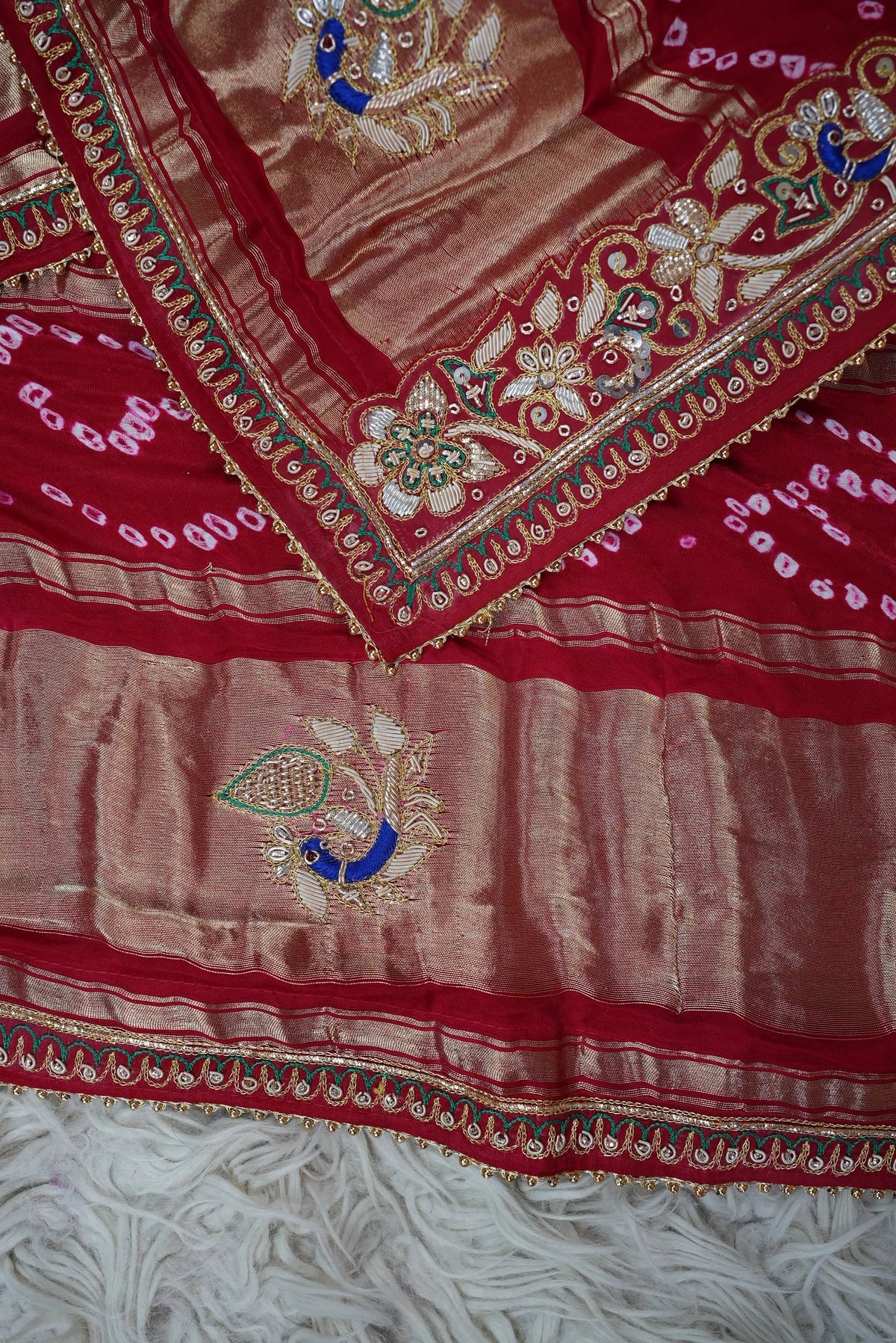 Pure Gajji Silk Ghatchola Pattern Bandhani and Zardozi Handwork Dupatta With Peacock Motifs (PRE-BOOKING ITEM)