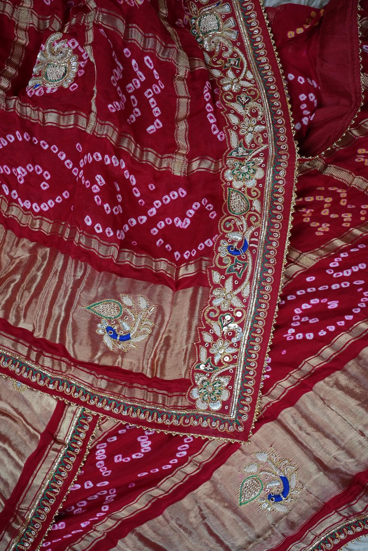 Pure Gajji Silk Ghatchola Pattern Bandhani and Zardozi Handwork Dupatta With Peacock Motifs (PRE-BOOKING ITEM)