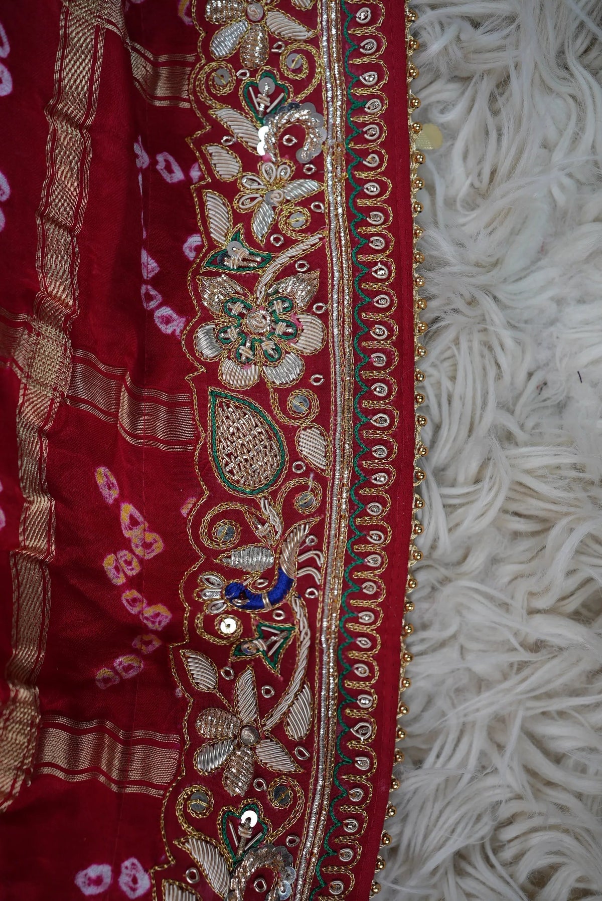 Pure Gajji Silk Ghatchola Pattern Bandhani and Zardozi Handwork Dupatta With Peacock Motifs (PRE-BOOKING ITEM)
