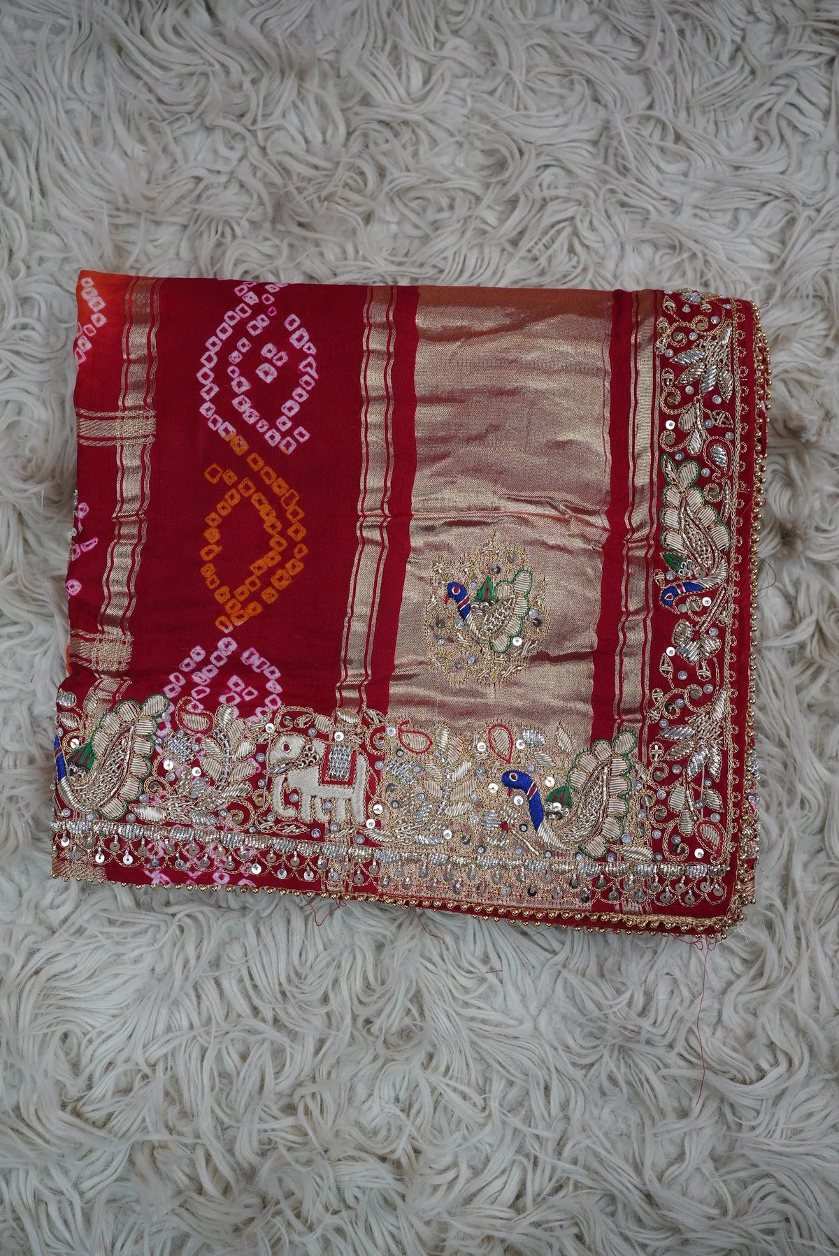 Pure Gajji Silk Ghatchola Pattern Bandhani and Zardozi Handwork Dupatta With Peacock Motifs (PRE-BOOKING ITEM)