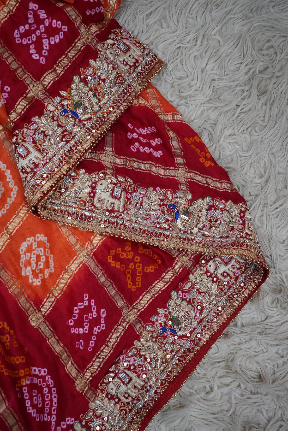 Pure Gajji Silk Ghatchola Pattern Bandhani and Zardozi Handwork Dupatta With Peacock Motifs (PRE-BOOKING ITEM)