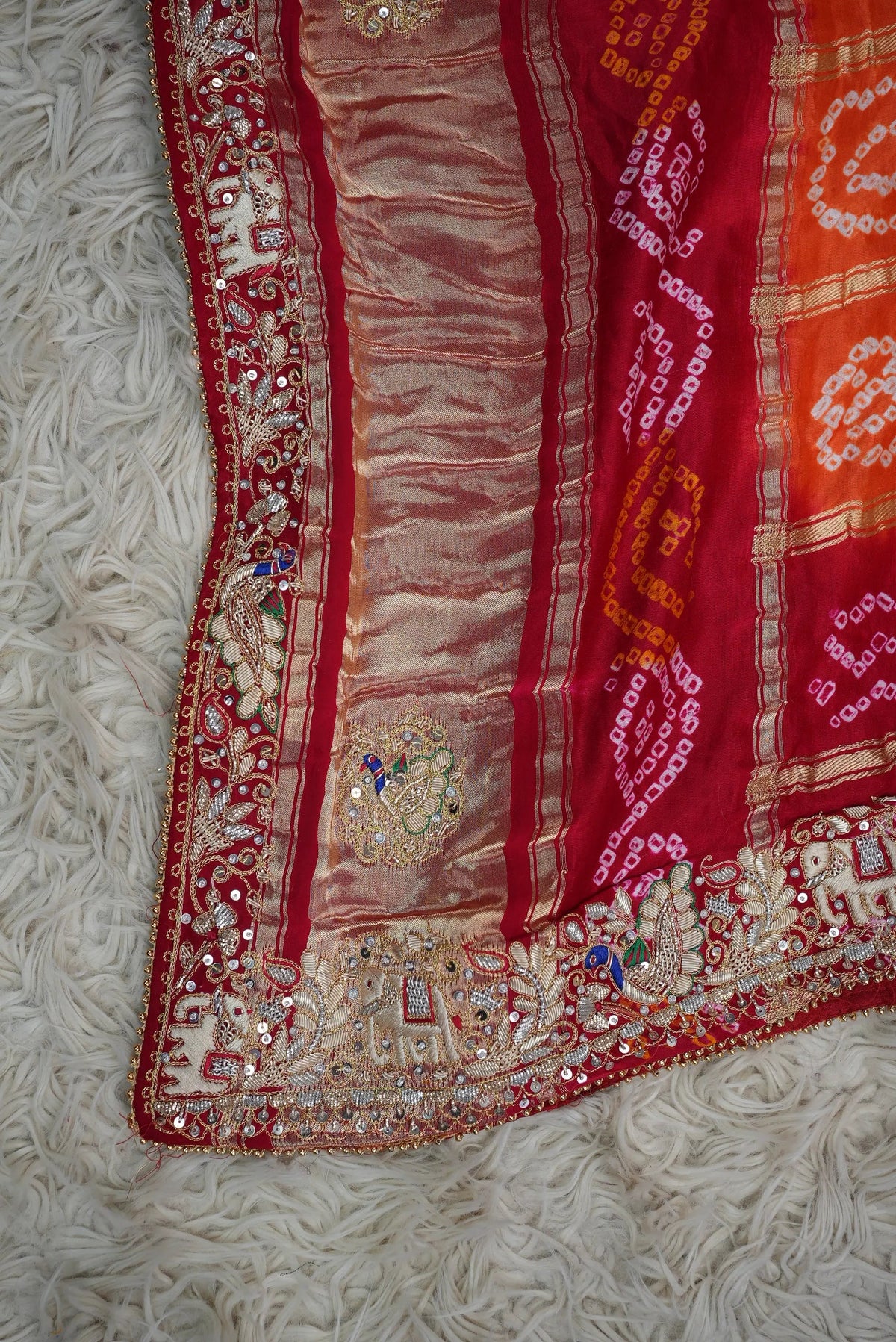 Pure Gajji Silk Ghatchola Pattern Bandhani and Zardozi Handwork Dupatta With Peacock Motifs (PRE-BOOKING ITEM)