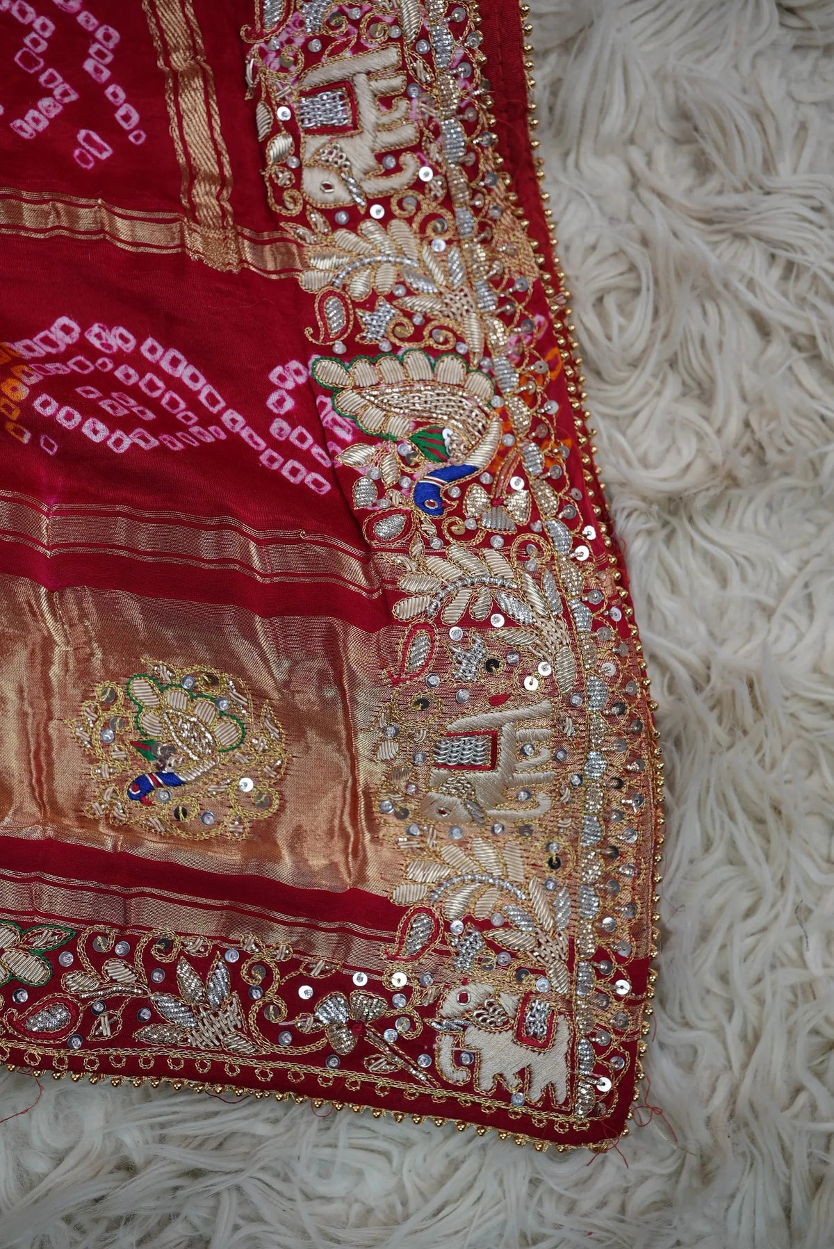 Pure Gajji Silk Ghatchola Pattern Bandhani and Zardozi Handwork Dupatta With Peacock Motifs (PRE-BOOKING ITEM)