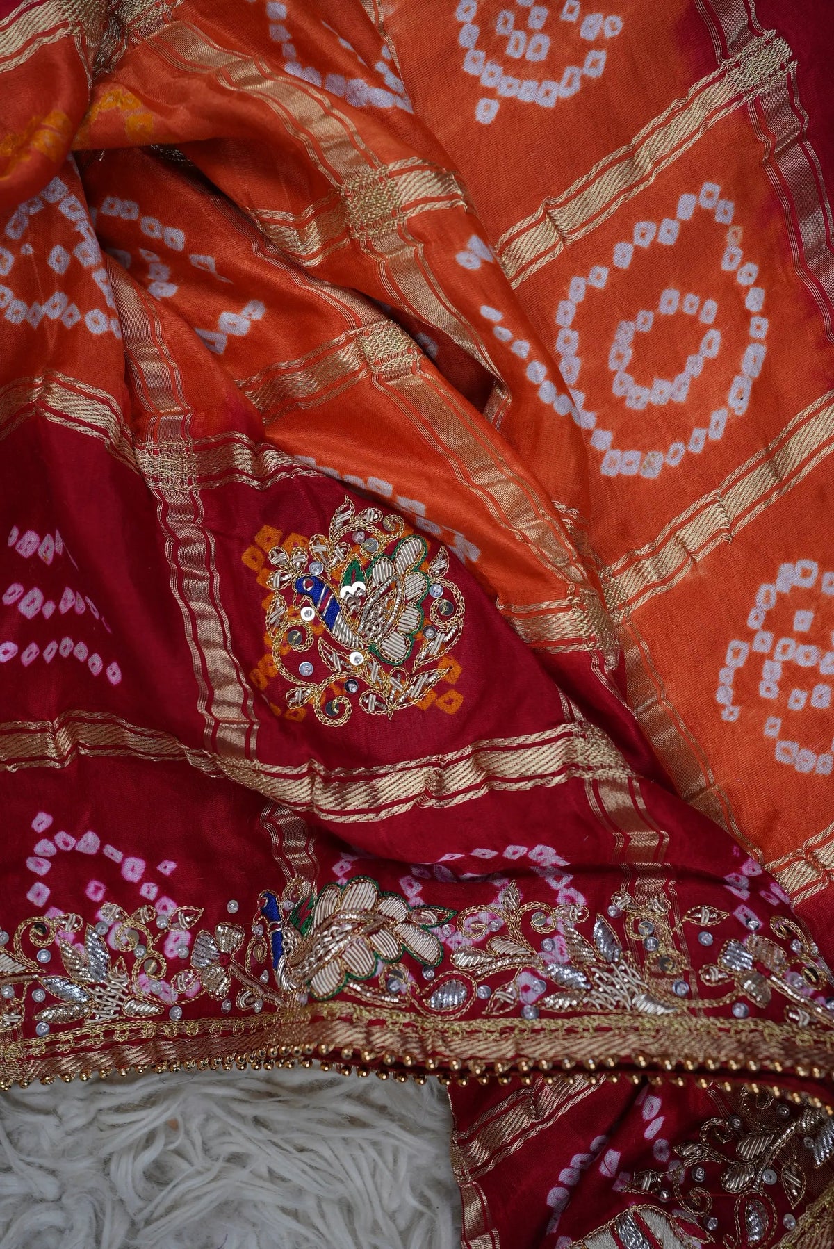 Pure Gajji Silk Ghatchola Pattern Bandhani and Zardozi Handwork Dupatta With Peacock Motifs (PRE-BOOKING ITEM)
