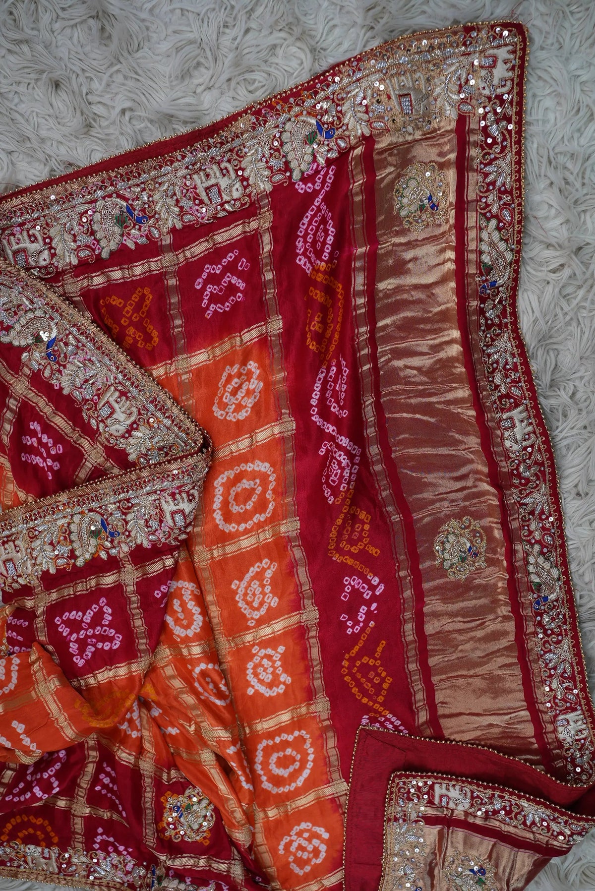 Pure Gajji Silk Ghatchola Pattern Bandhani and Zardozi Handwork Dupatta With Peacock Motifs (PRE-BOOKING ITEM)