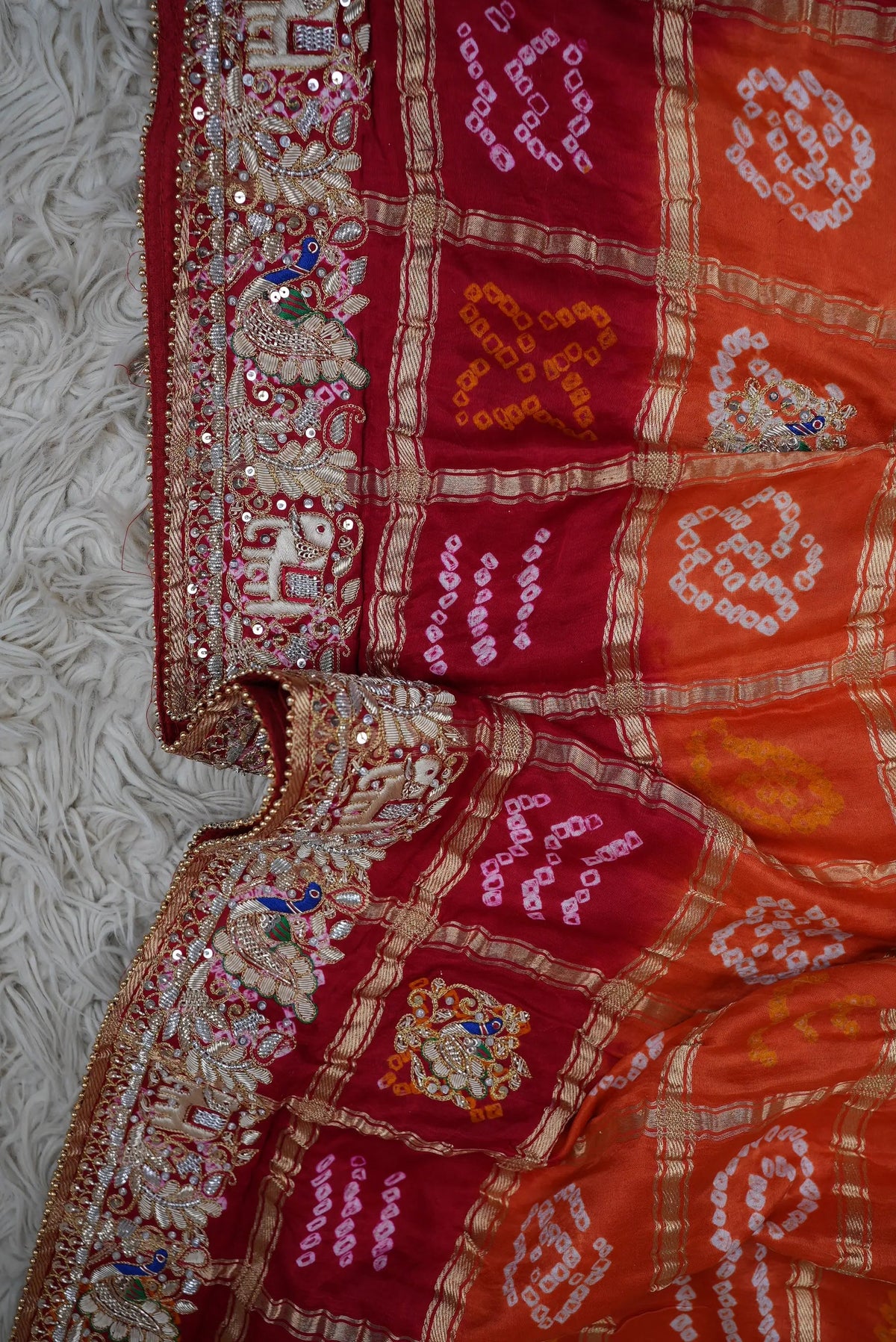 Pure Gajji Silk Ghatchola Pattern Bandhani and Zardozi Handwork Dupatta With Peacock Motifs (PRE-BOOKING ITEM)