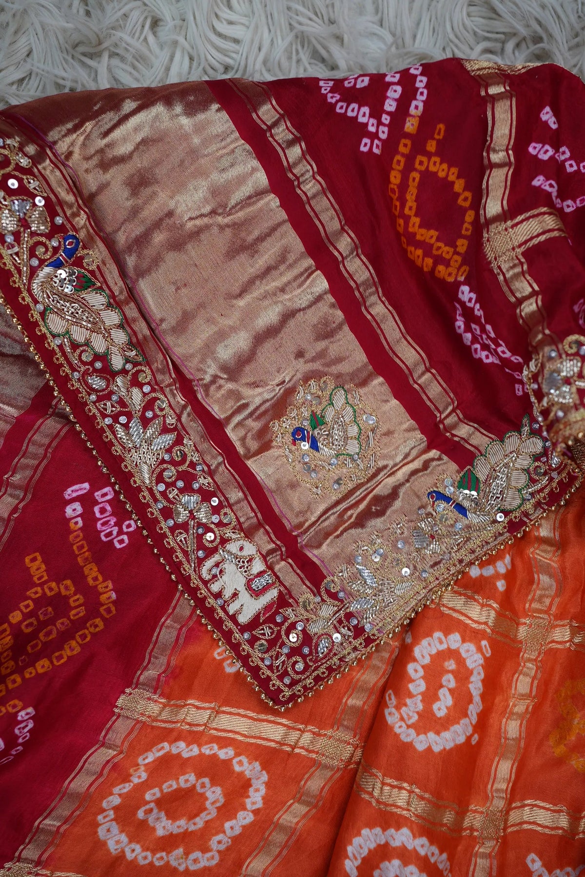 Pure Gajji Silk Ghatchola Pattern Bandhani and Zardozi Handwork Dupatta With Peacock Motifs (PRE-BOOKING ITEM)