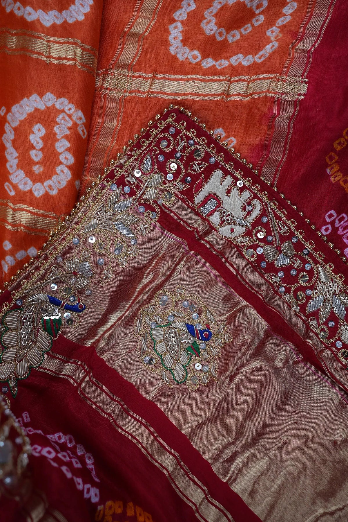 Pure Gajji Silk Ghatchola Pattern Bandhani and Zardozi Handwork Dupatta With Peacock Motifs (PRE-BOOKING ITEM)