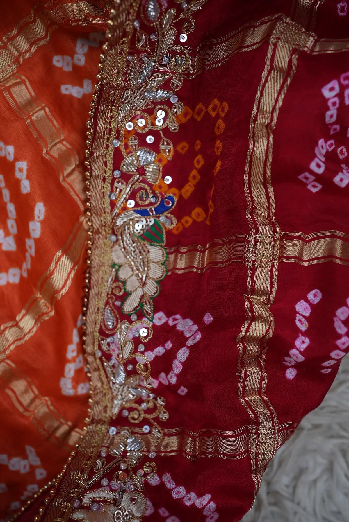 Pure Gajji Silk Ghatchola Pattern Bandhani and Zardozi Handwork Dupatta With Peacock Motifs (PRE-BOOKING ITEM)
