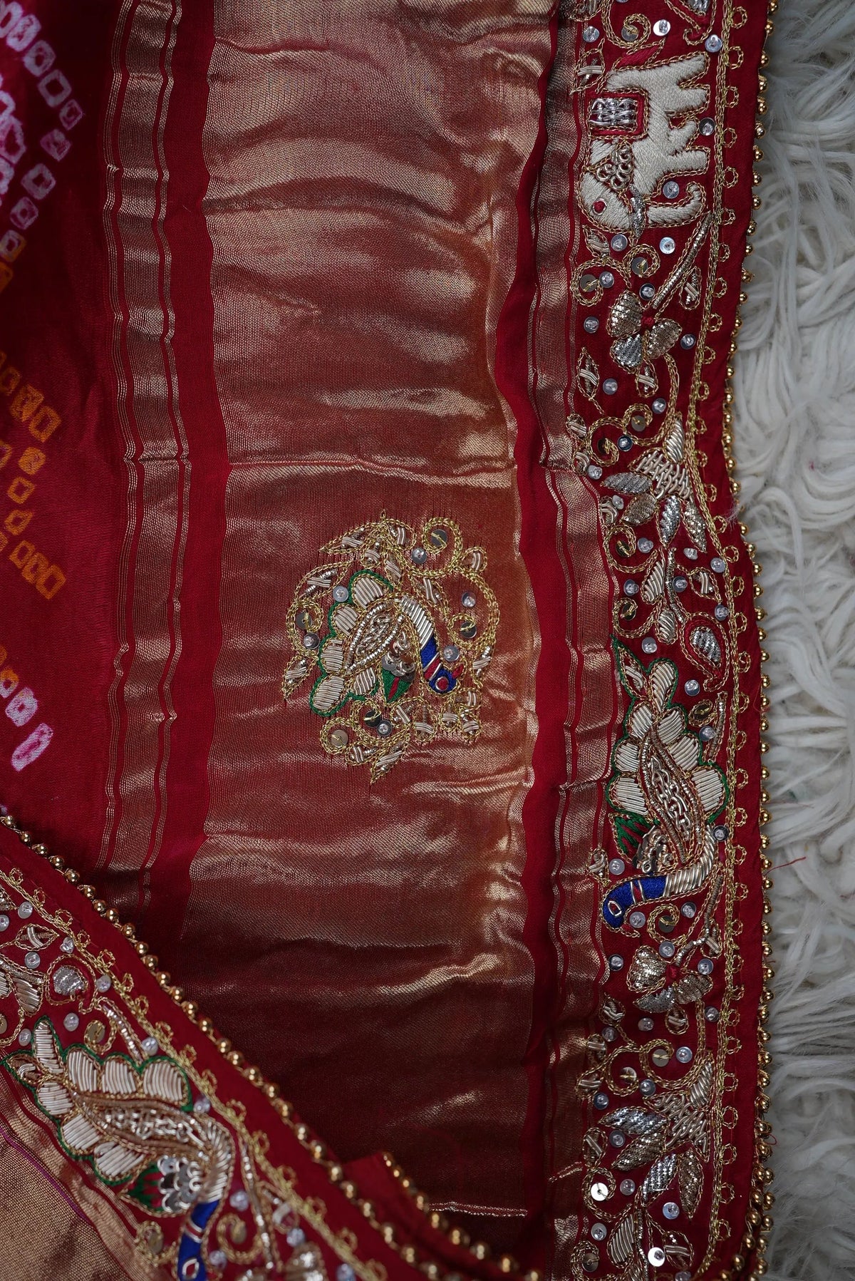 Pure Gajji Silk Ghatchola Pattern Bandhani and Zardozi Handwork Dupatta With Peacock Motifs (PRE-BOOKING ITEM)