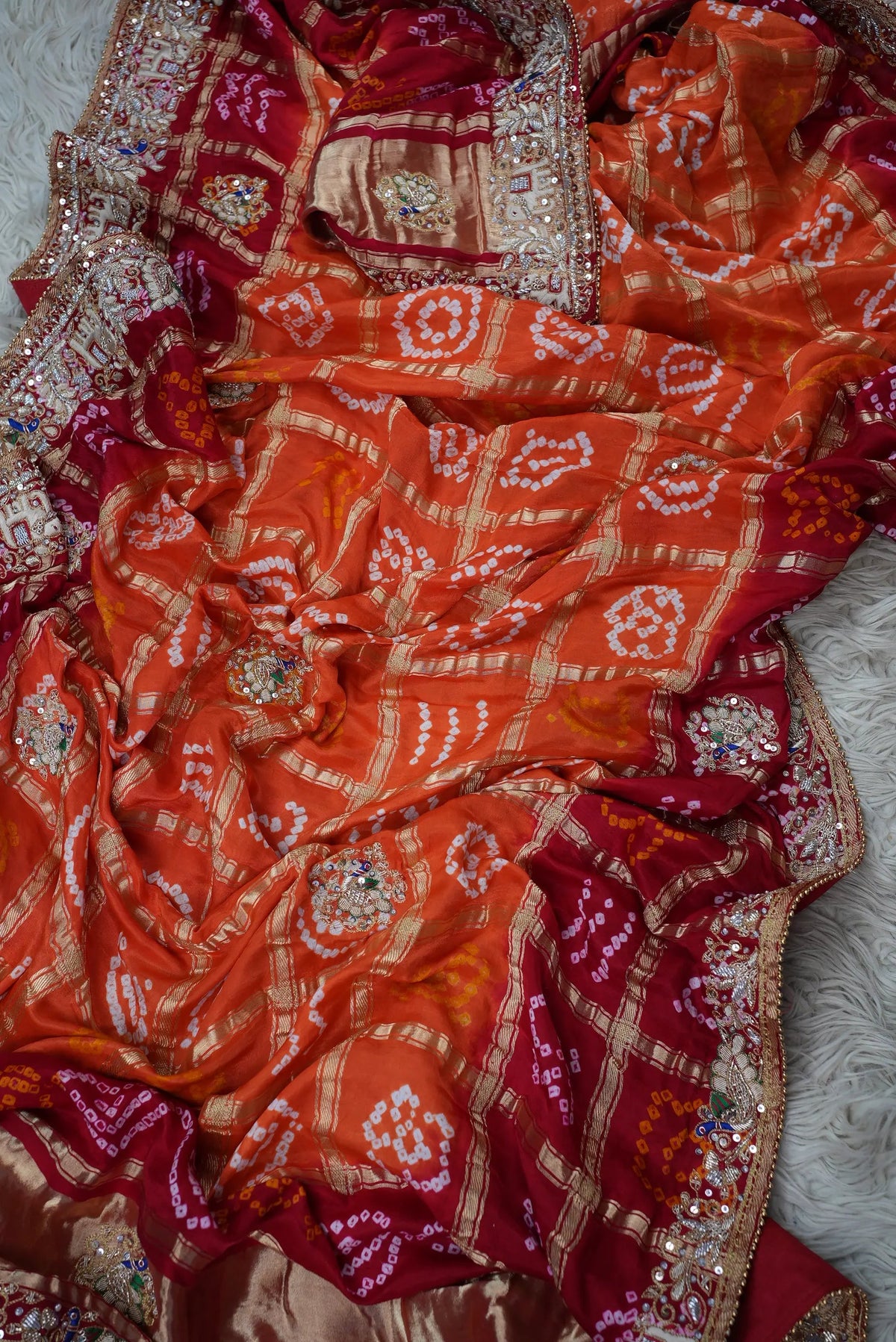 Pure Gajji Silk Ghatchola Pattern Bandhani and Zardozi Handwork Dupatta With Peacock Motifs (PRE-BOOKING ITEM)