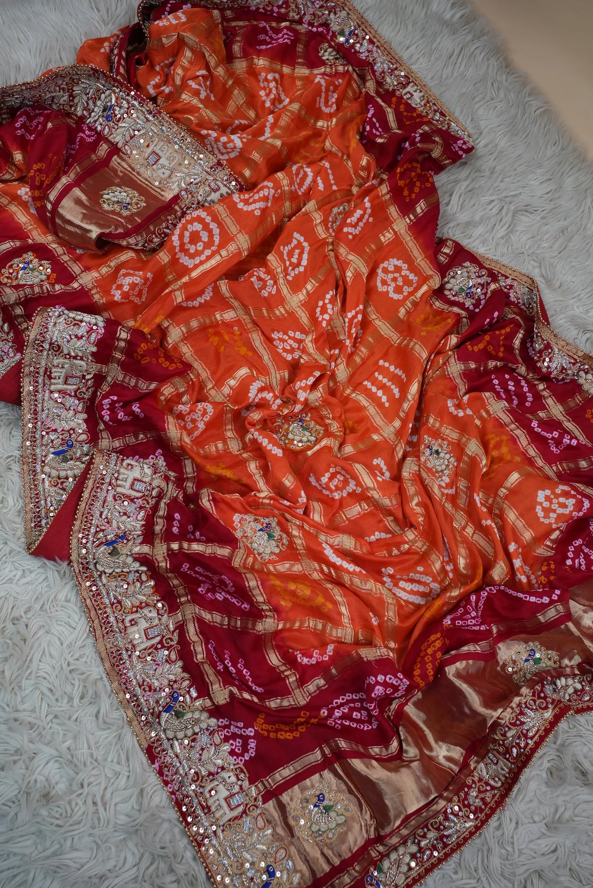 Pure Gajji Silk Ghatchola Pattern Bandhani and Zardozi Handwork Dupatta With Peacock Motifs (PRE-BOOKING ITEM)