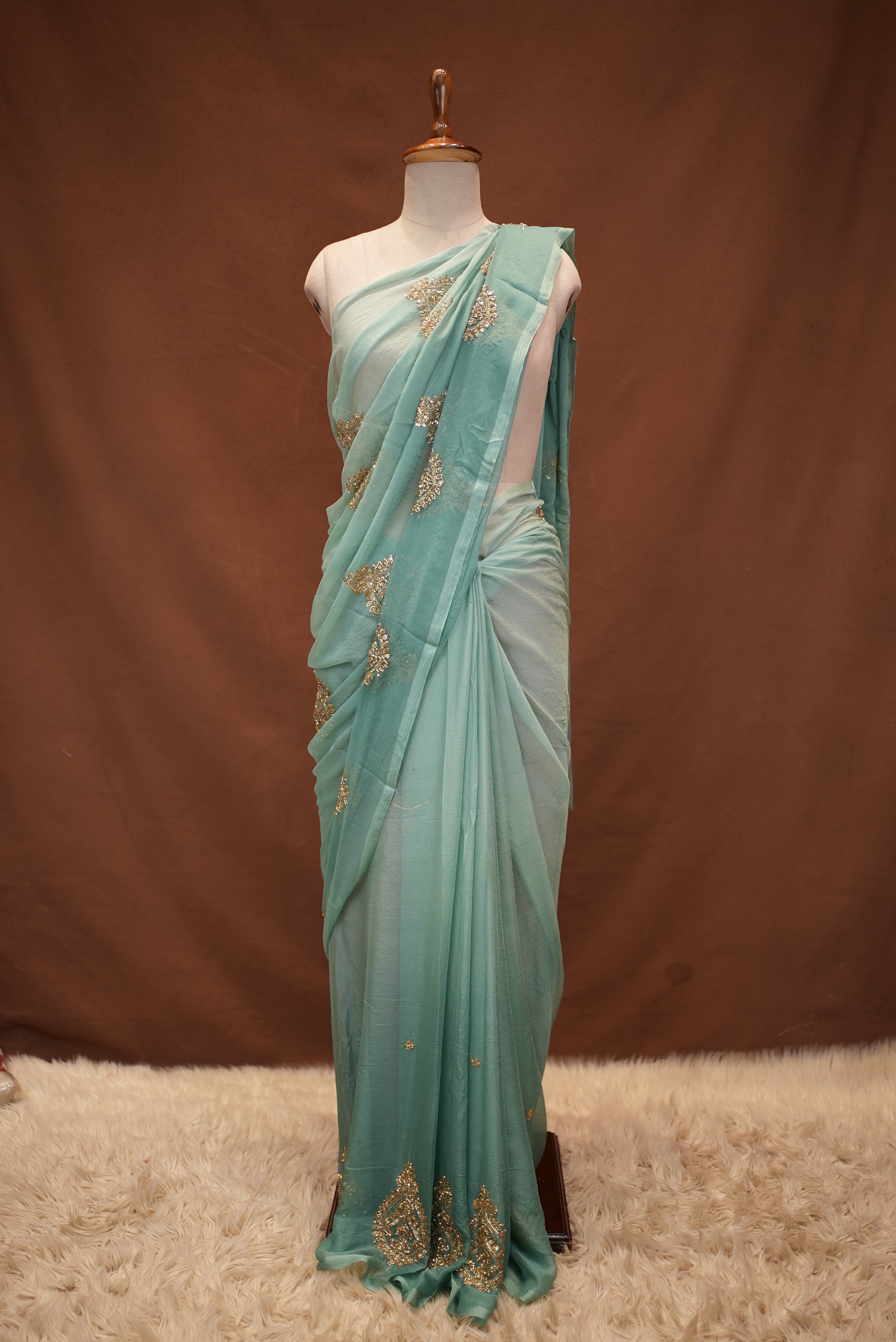 ROYAL CHIFFON FABRIC SAREE WITH VINTAGE SEQUENCE,CUTDANA BUTA WORK (Without Blouse)