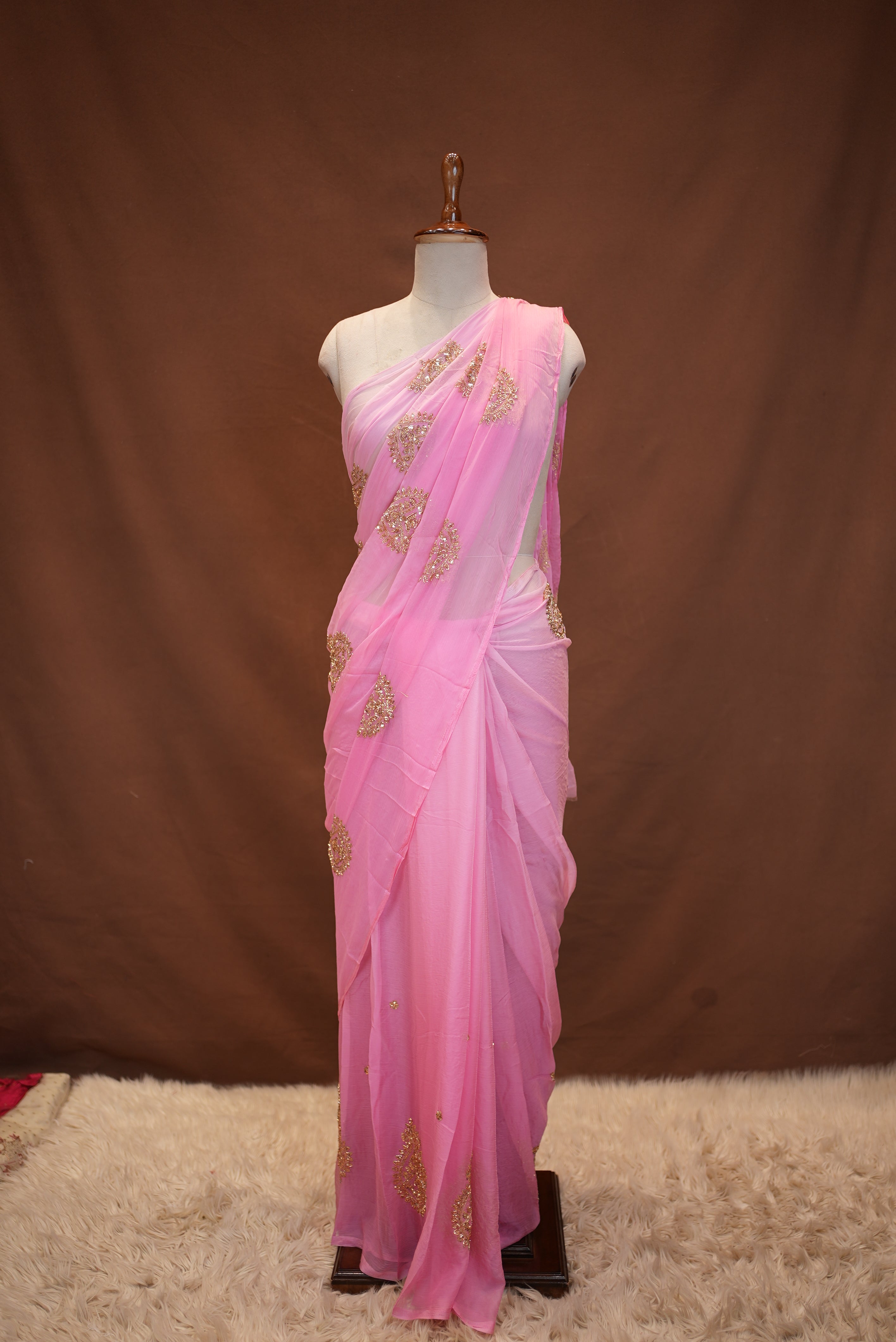 ROYAL CHIFFON FABRIC SAREE WITH VINTAGE SEQUENCE,CUTDANA BUTA WORK (Without Blouse)