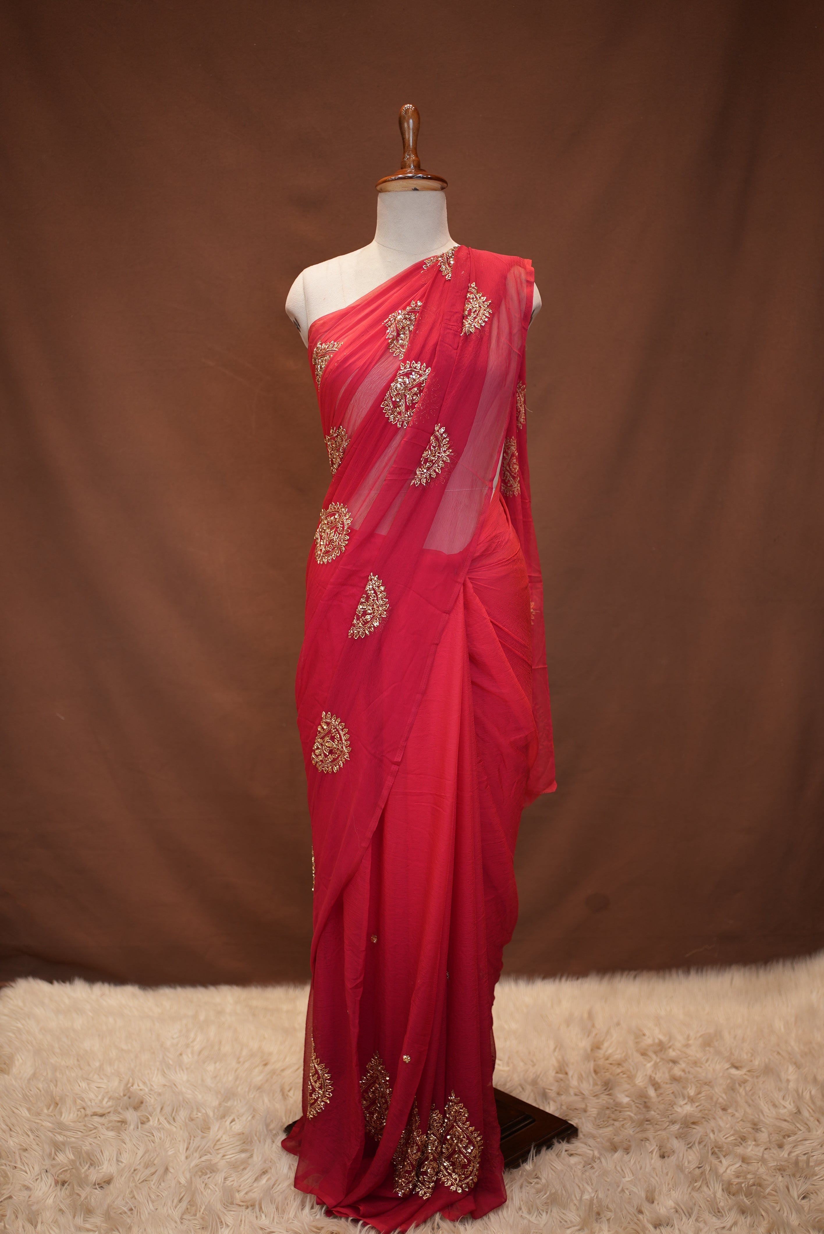 ROYAL CHIFFON FABRIC SAREE WITH VINTAGE SEQUENCE,CUTDANA BUTA WORK (Without Blouse)