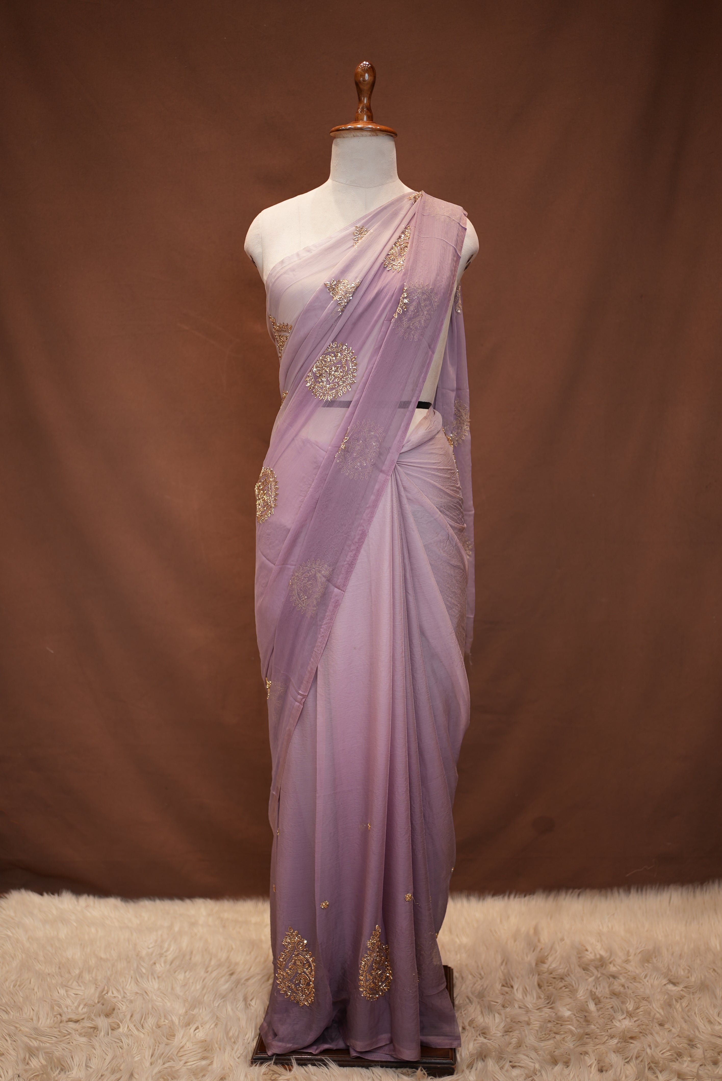 ROYAL CHIFFON FABRIC SAREE WITH VINTAGE SEQUENCE,CUTDANA BUTA WORK (Without Blouse)