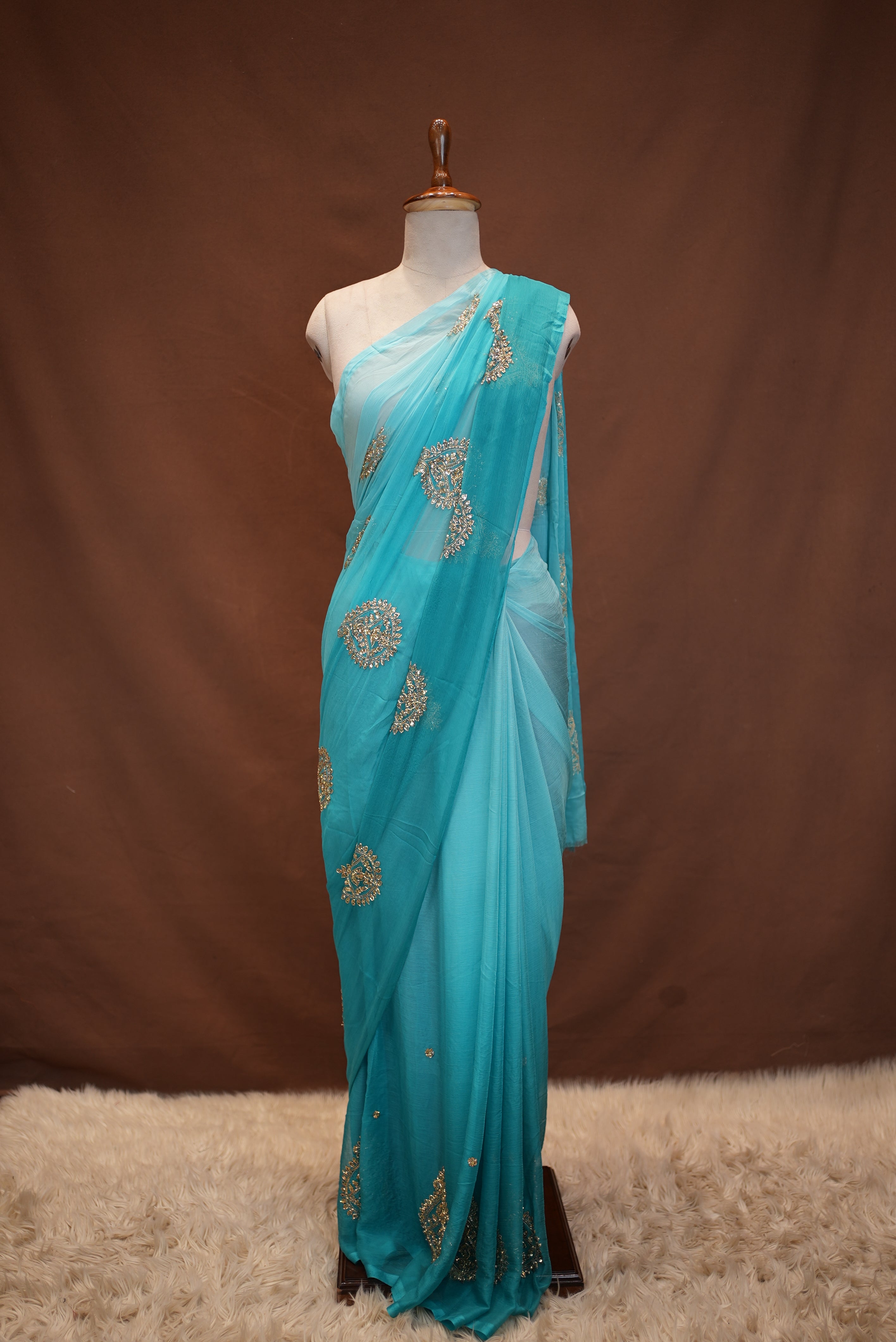 ROYAL CHIFFON FABRIC SAREE WITH VINTAGE SEQUENCE,CUTDANA BUTA WORK (Without Blouse)