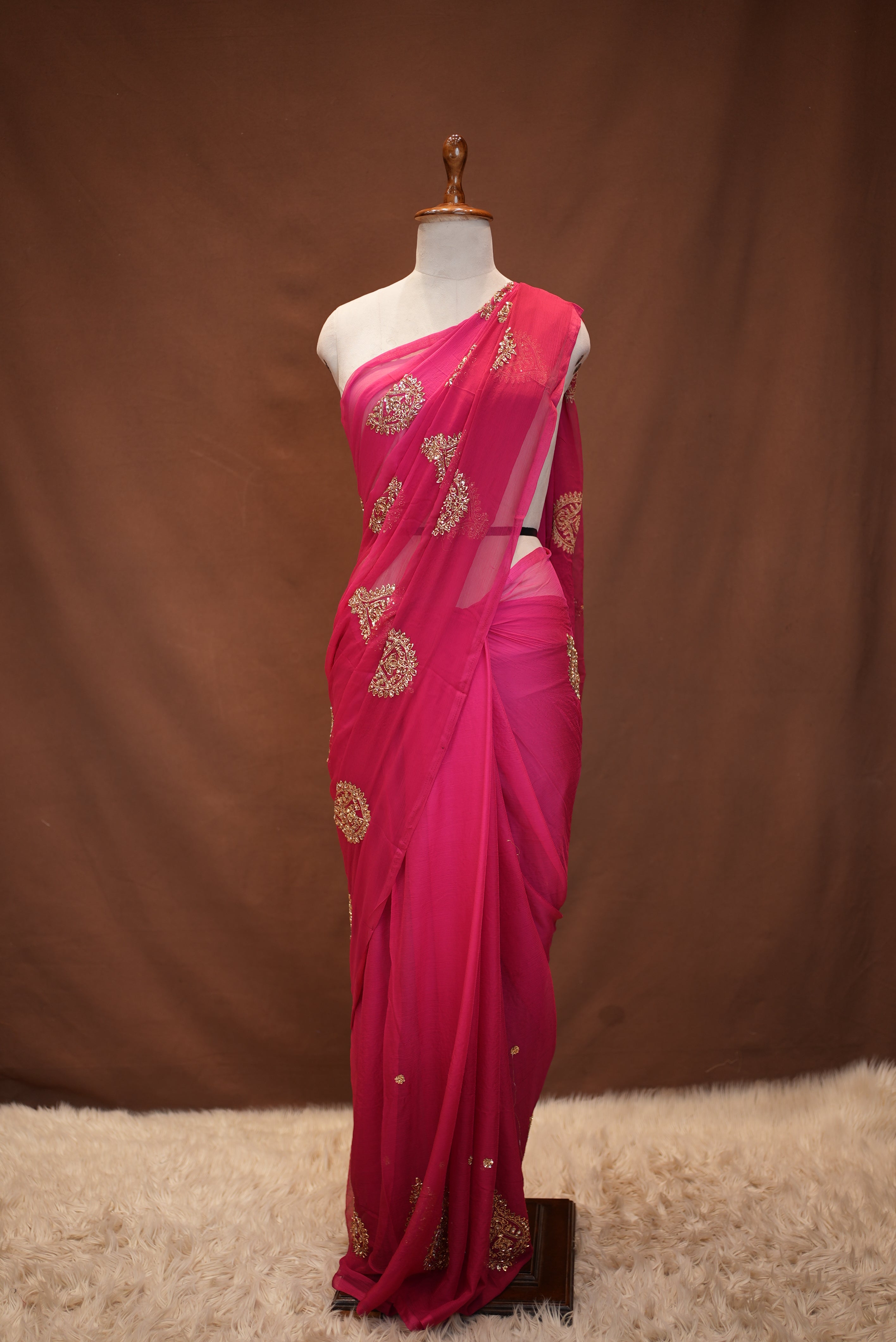 ROYAL CHIFFON FABRIC SAREE WITH VINTAGE SEQUENCE,CUTDANA BUTA WORK (Without Blouse)