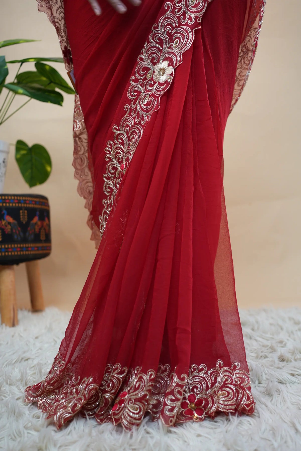 Pure Chiffon Vintage Handwork Red Saree (With Blouse)