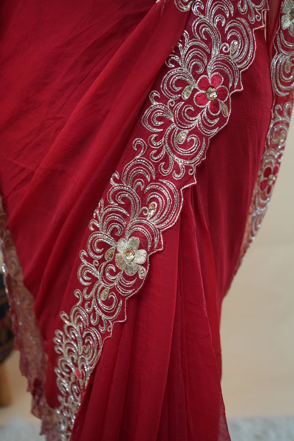 Pure Chiffon Vintage Handwork Red Saree (With Blouse)