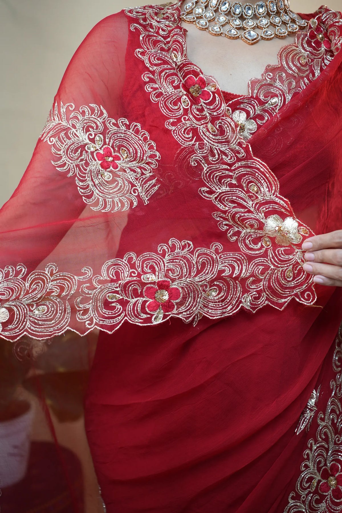 Pure Chiffon Vintage Handwork Red Saree (With Blouse)