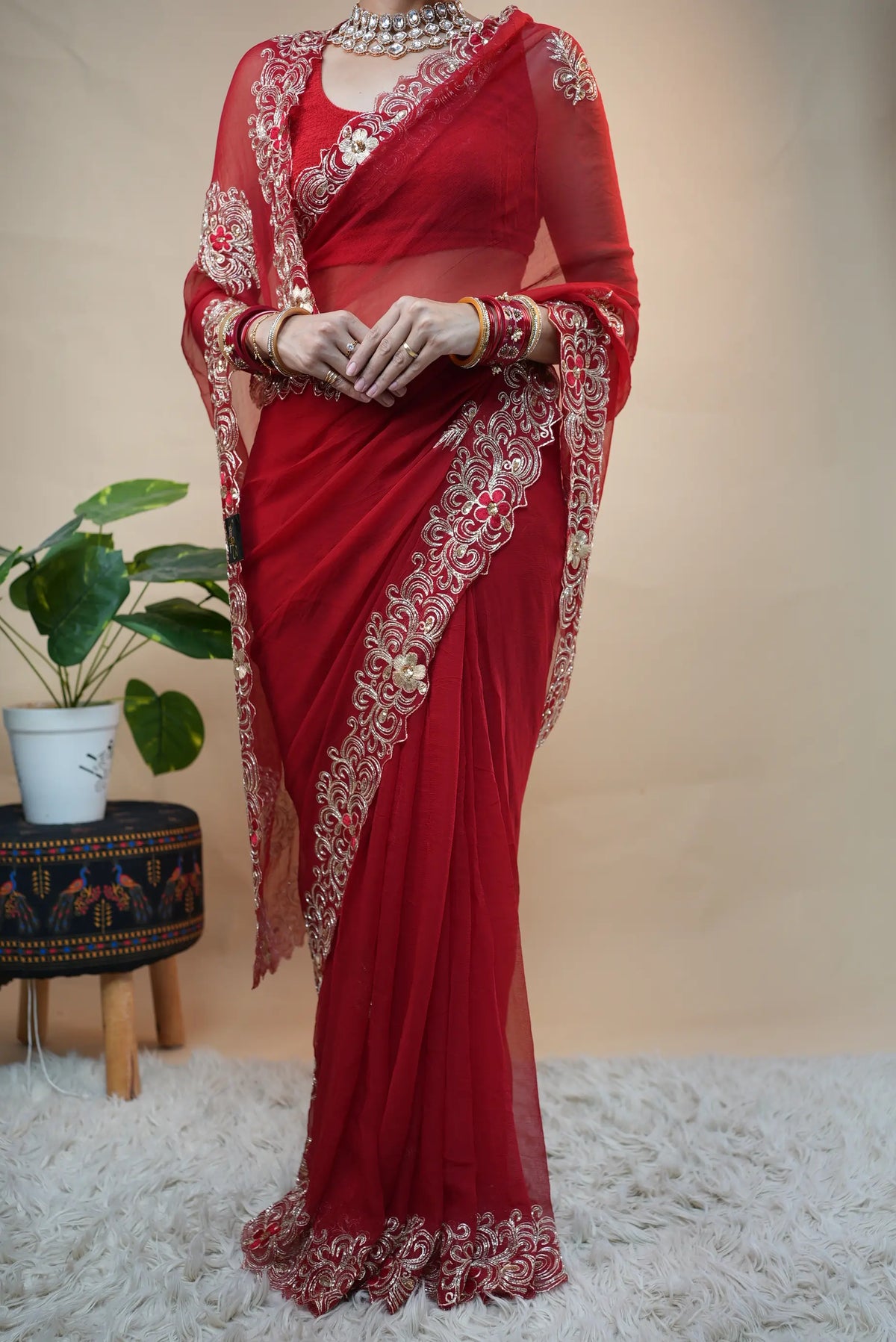 Pure Chiffon Vintage Handwork Red Saree (With Blouse)