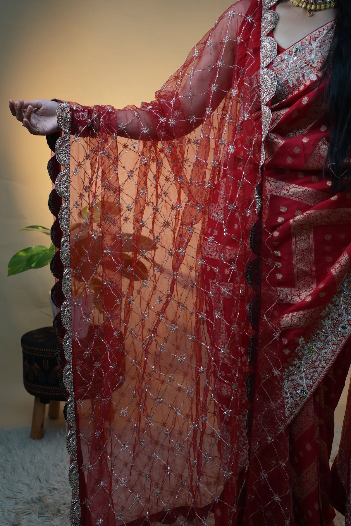 Bridal Special Jaal Pattern Handwork Dupatta With Cutwork Border
