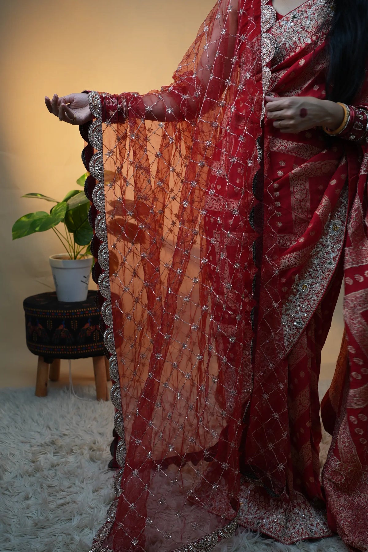 Bridal Special Jaal Pattern Handwork Dupatta With Cutwork Border