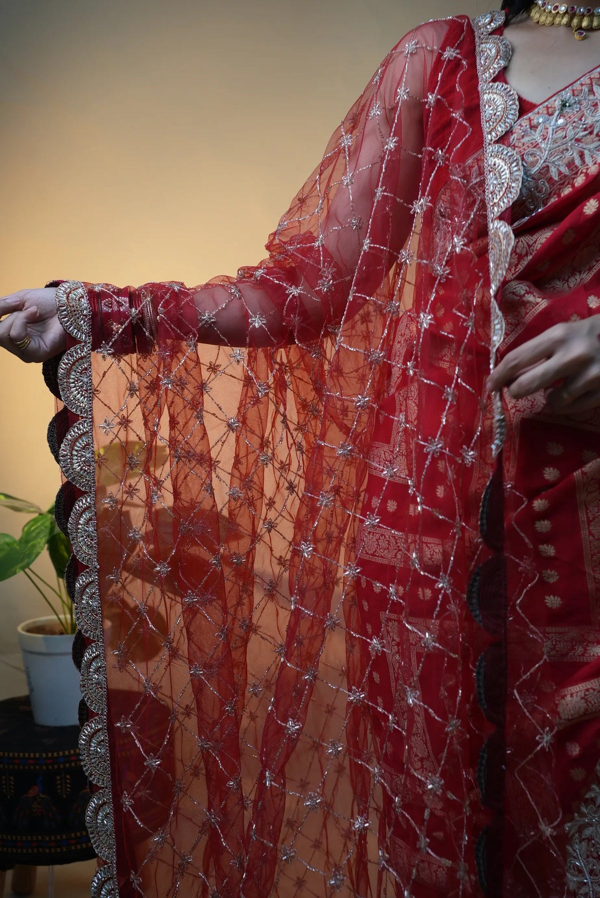 Bridal Special Jaal Pattern Handwork Dupatta With Cutwork Border