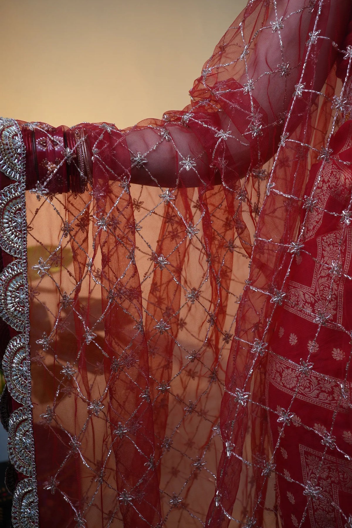 Bridal Special Jaal Pattern Handwork Dupatta With Cutwork Border