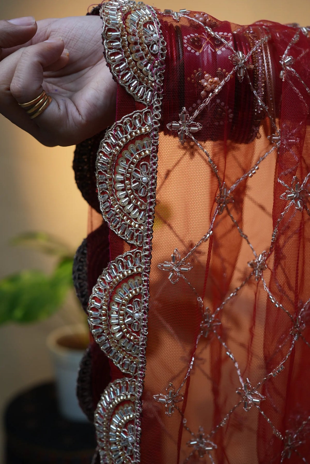 Bridal Special Jaal Pattern Handwork Dupatta With Cutwork Border