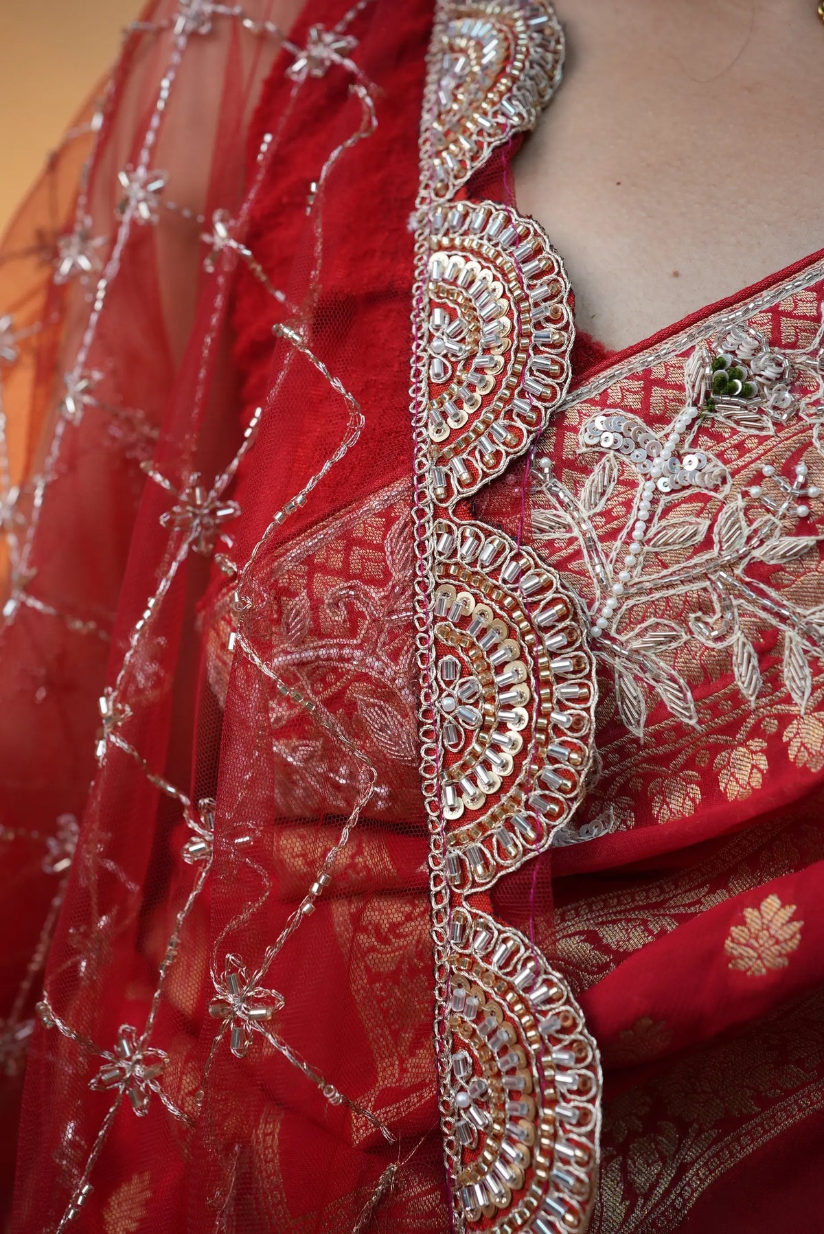 Bridal Special Jaal Pattern Handwork Dupatta With Cutwork Border