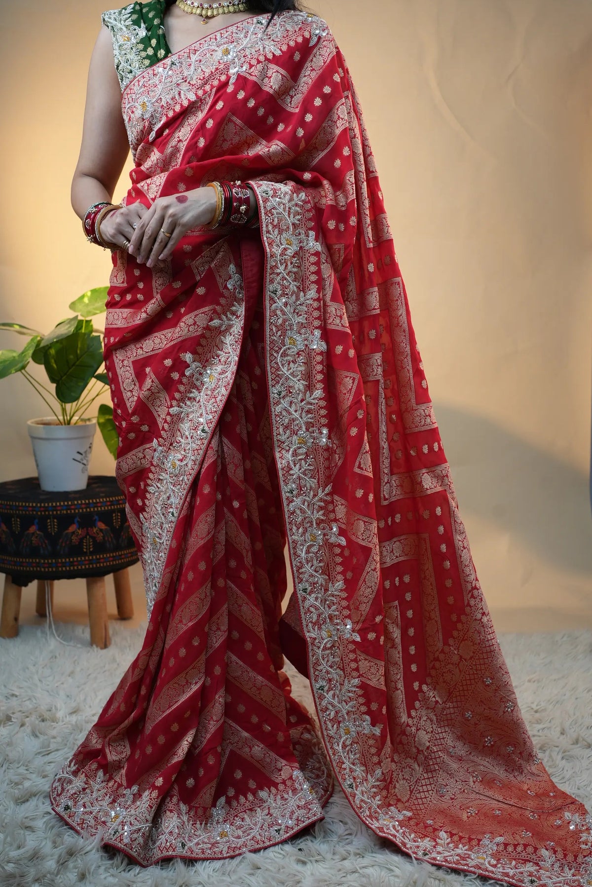 Pure Kaddi Georgette Red Saree With Zardozi Handwork (With Blouse)