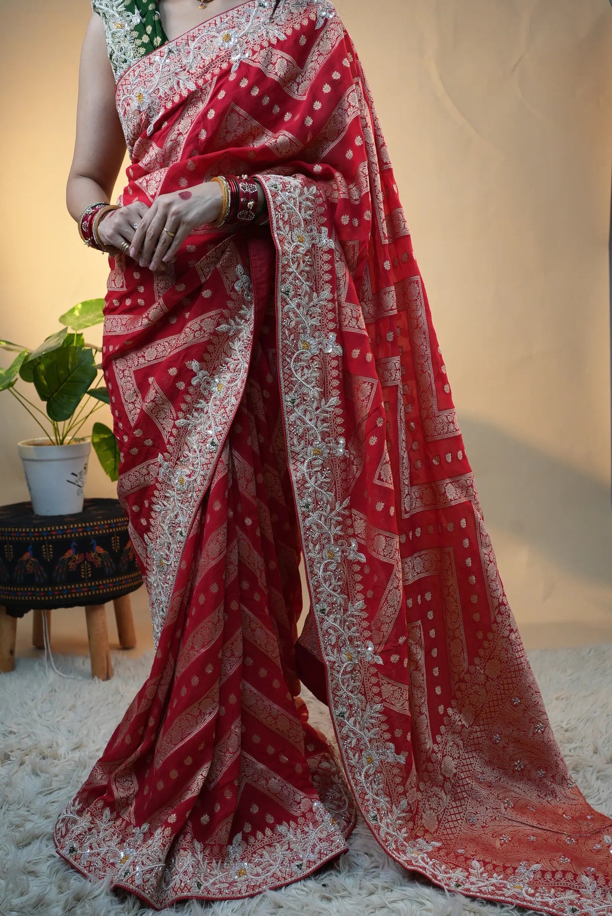 Pure Kaddi Georgette Red Saree With Zardozi Handwork (With Blouse)