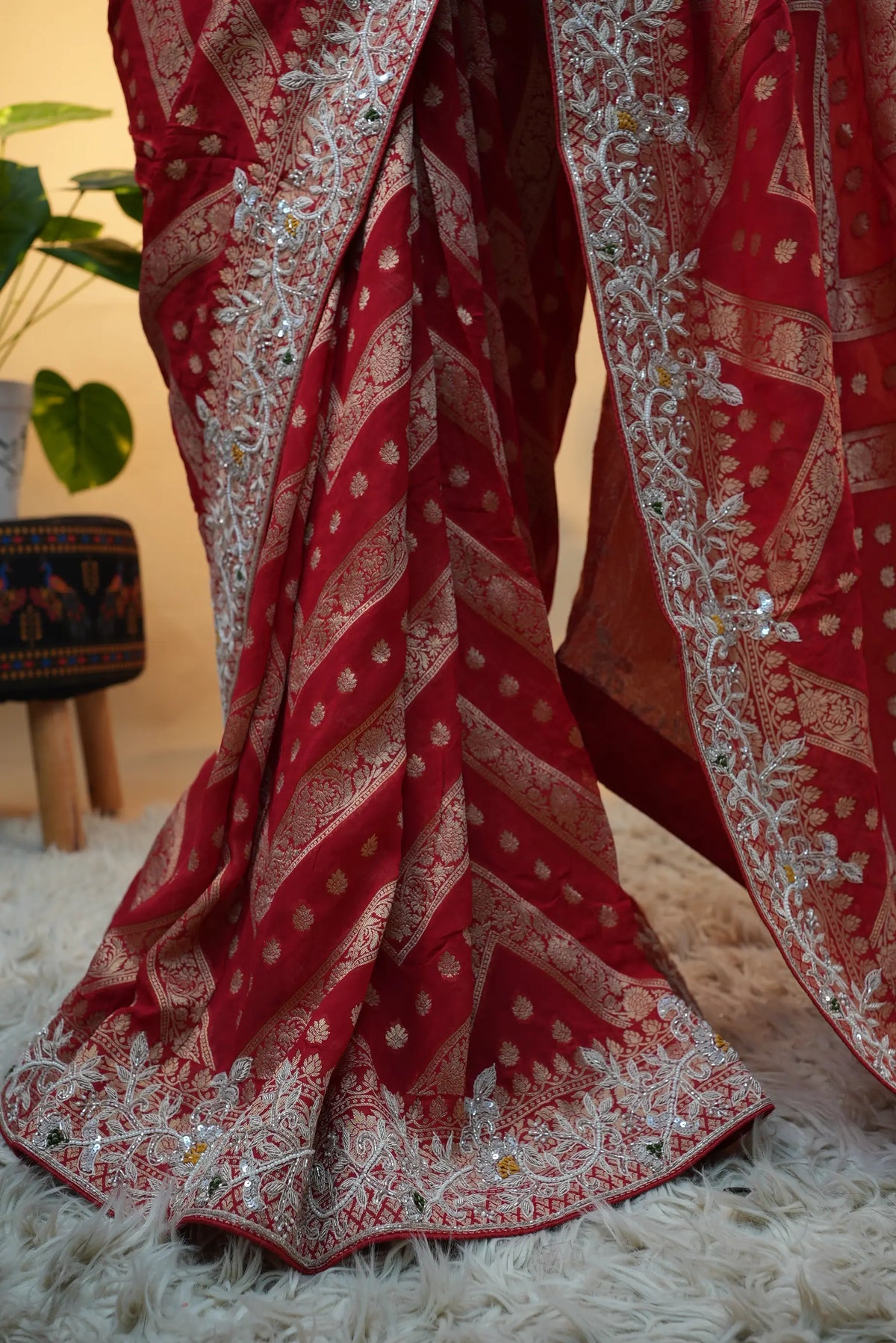 Pure Kaddi Georgette Red Saree With Zardozi Handwork (With Blouse)