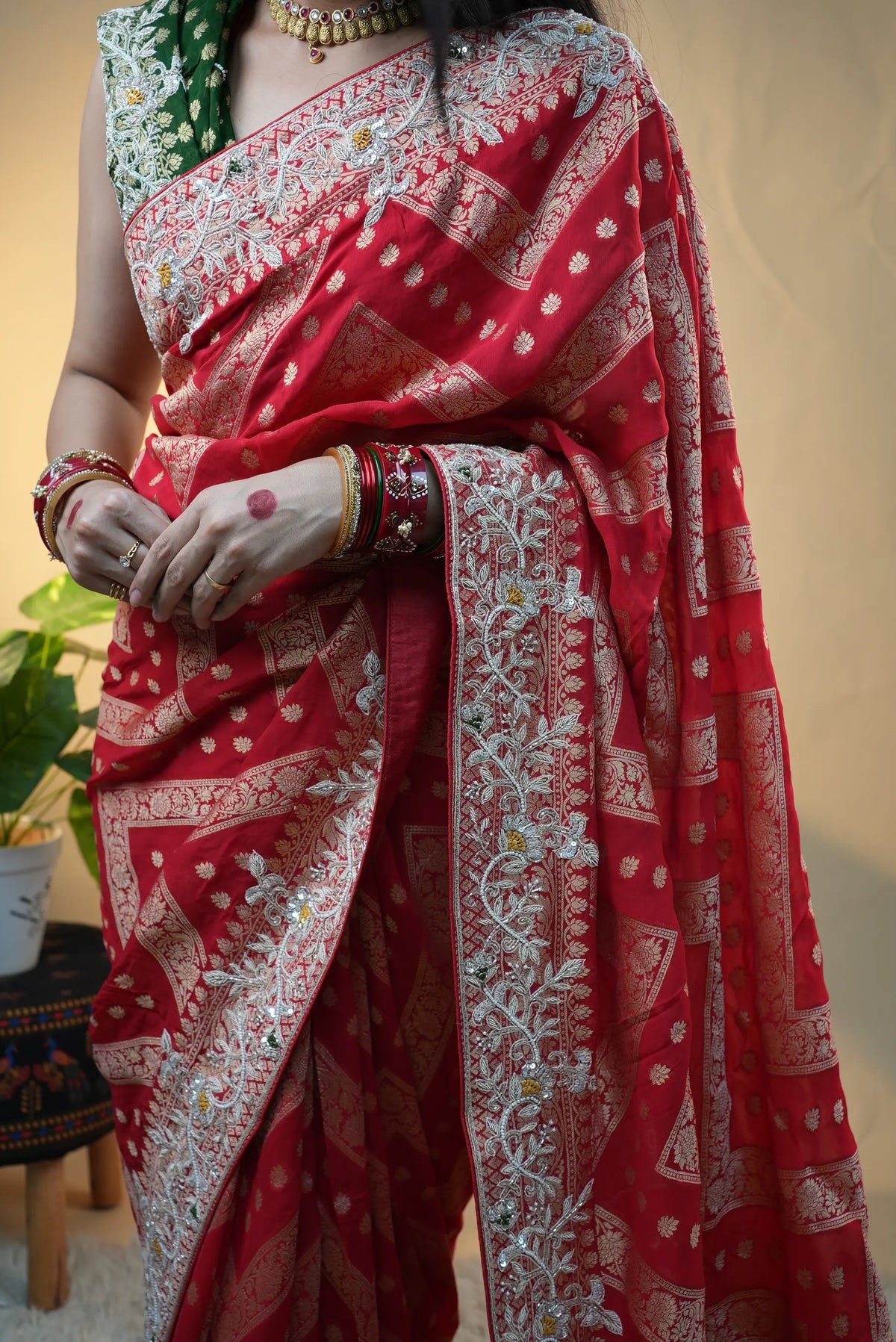 Pure Kaddi Georgette Red Saree With Zardozi Handwork (With Blouse)