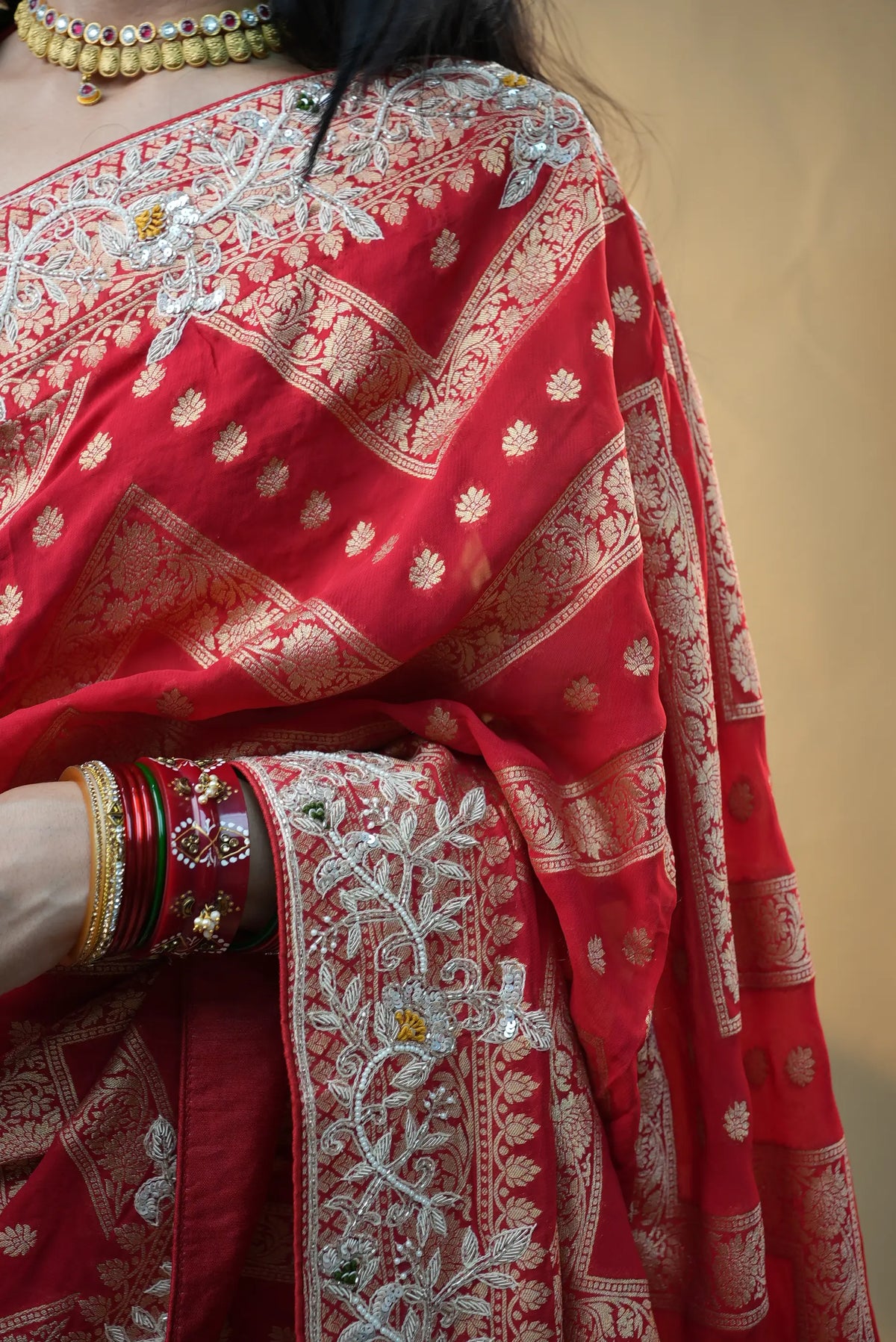 Pure Kaddi Georgette Red Saree With Zardozi Handwork (With Blouse)