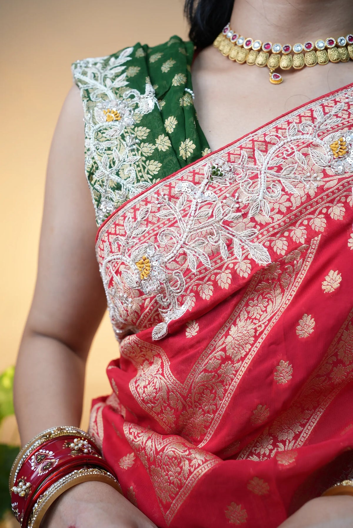 Pure Kaddi Georgette Red Saree With Zardozi Handwork (With Blouse)