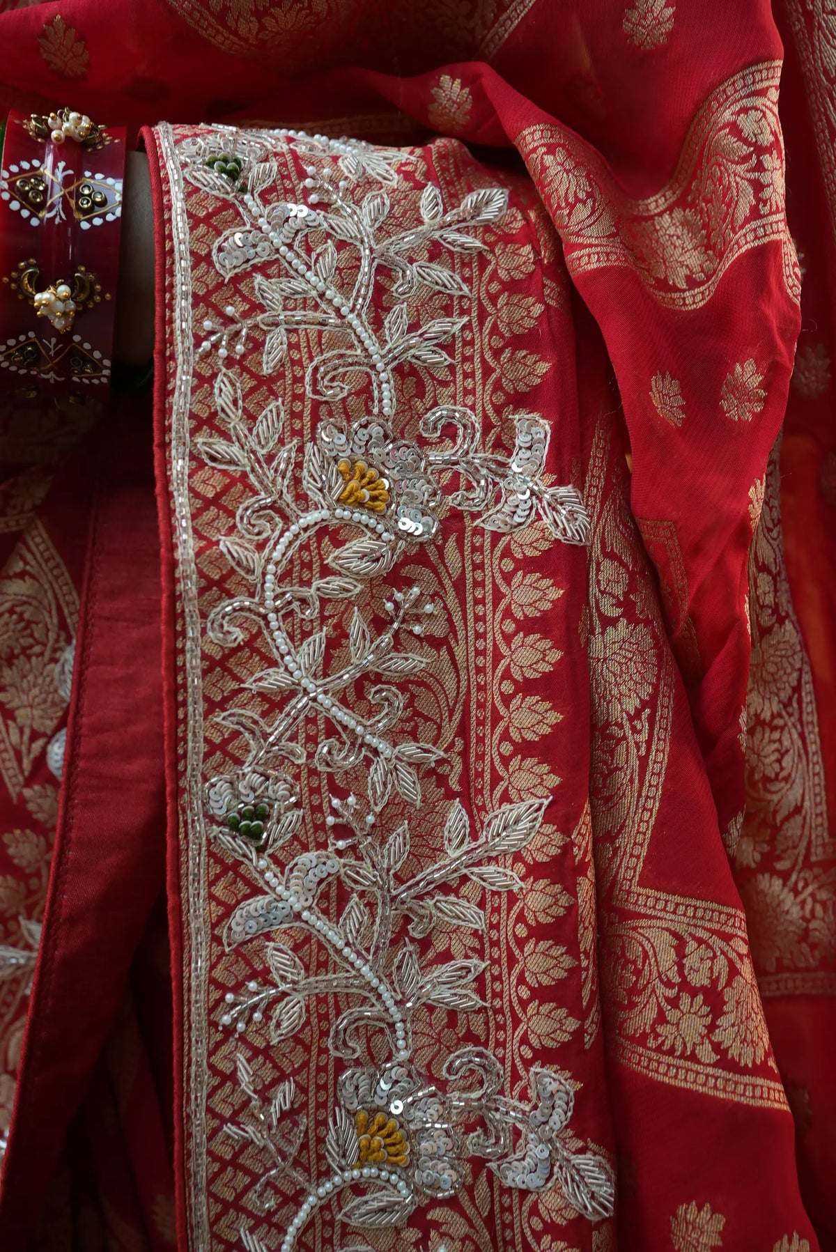 Pure Kaddi Georgette Red Saree With Zardozi Handwork (With Blouse)