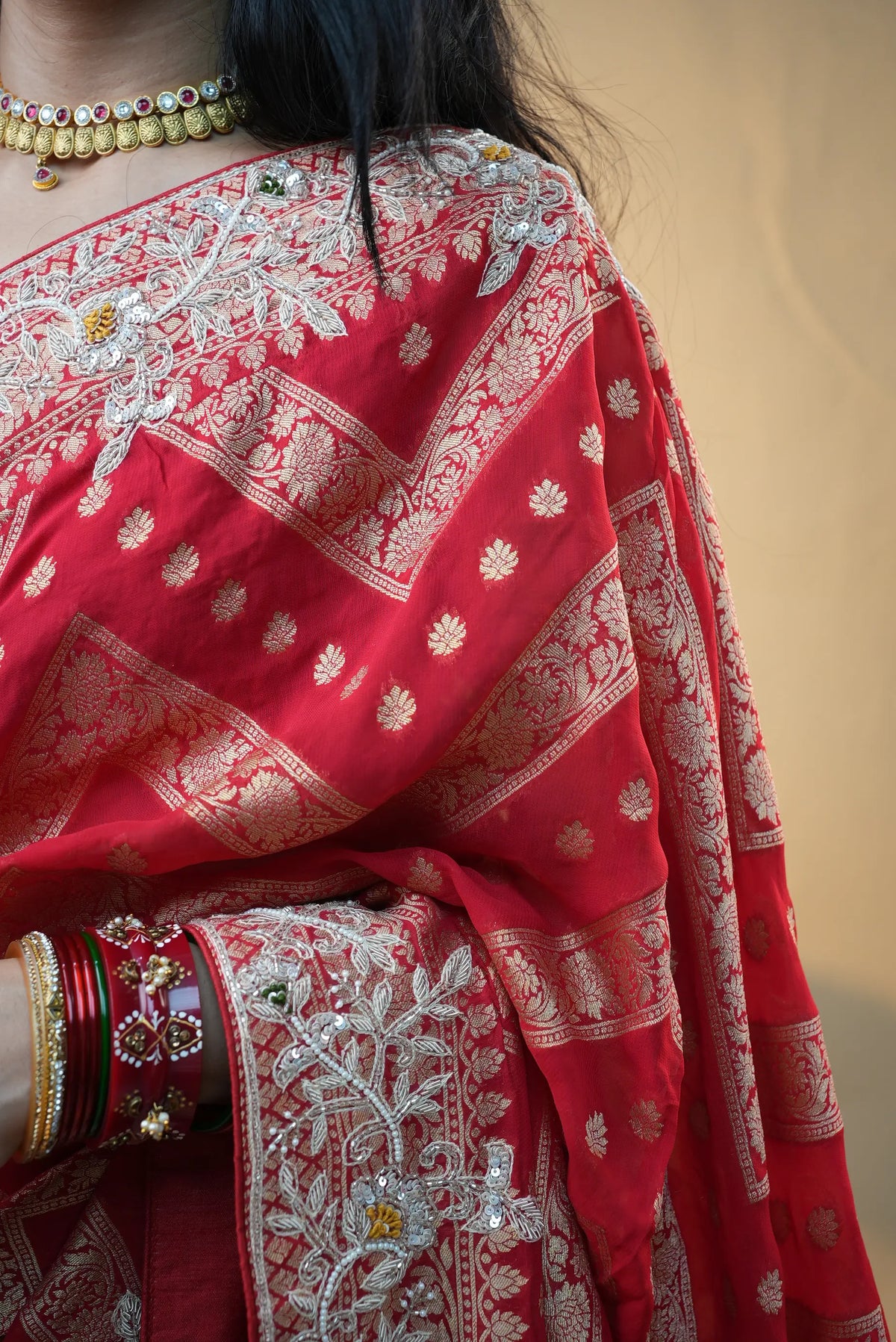 Pure Kaddi Georgette Red Saree With Zardozi Handwork (With Blouse)