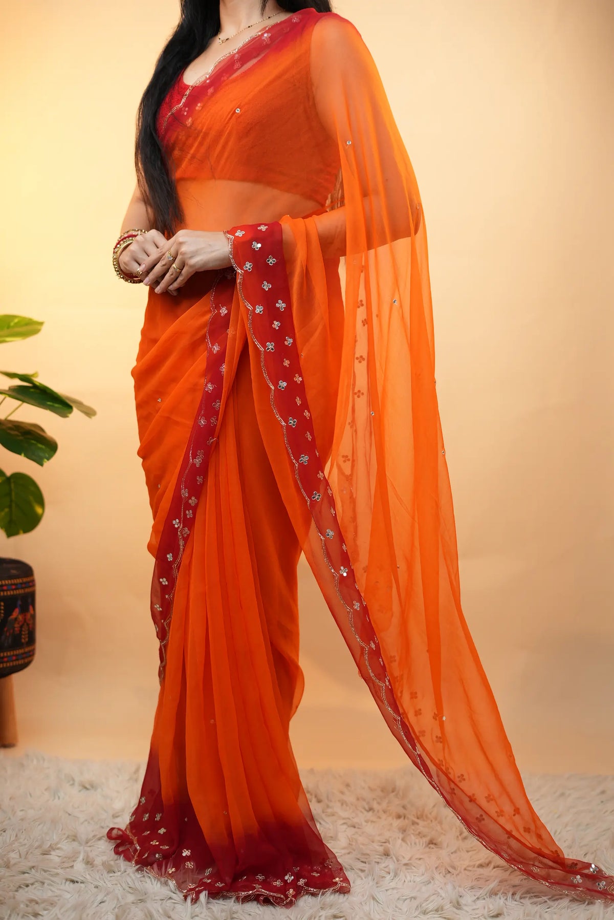 Traditional Rajasthani Pila Saree With Aari Tari, Cutdana & Mirror Work Border (With Blouse)