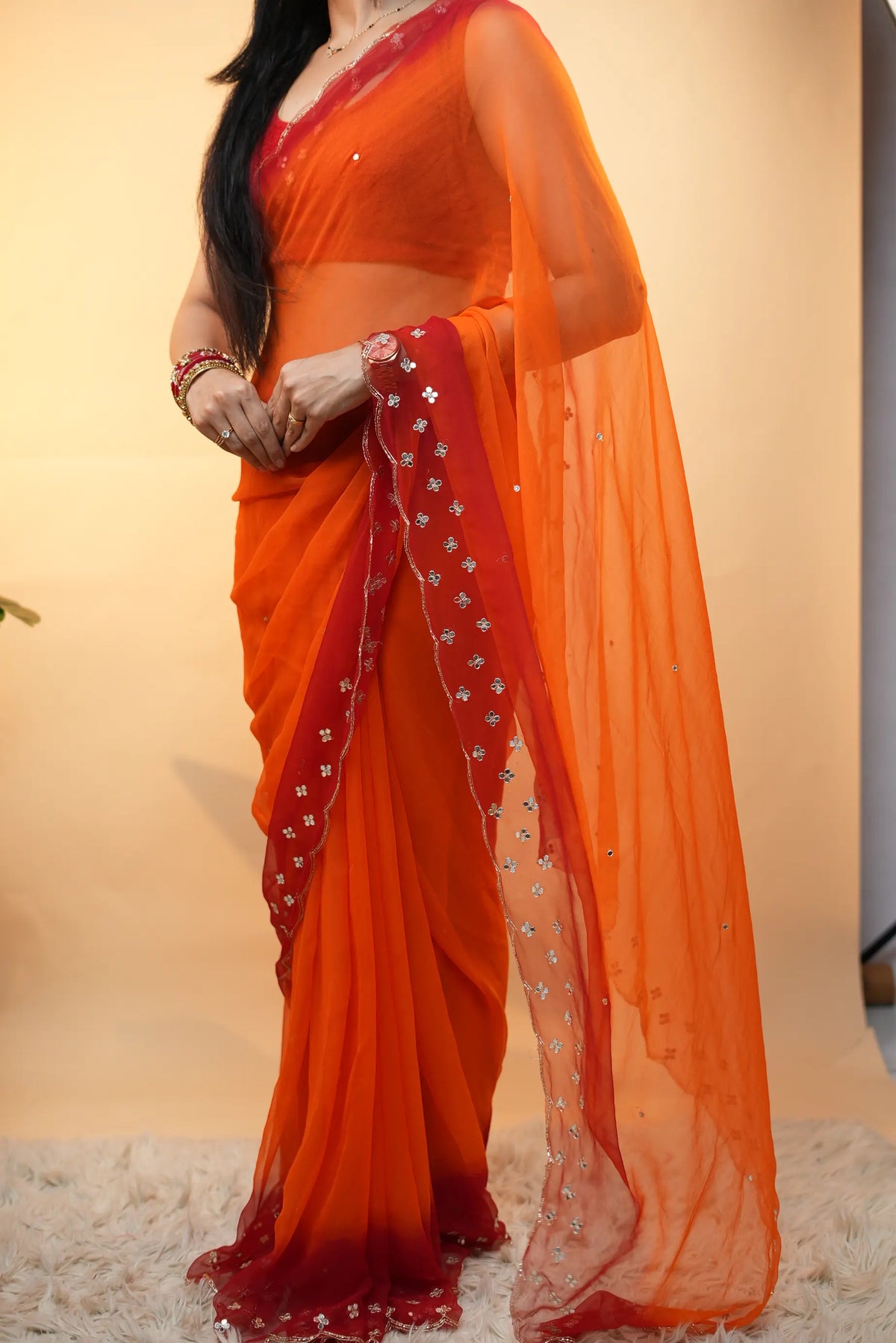 Traditional Rajasthani Pila Saree With Aari Tari, Cutdana & Mirror Work Border (With Blouse)