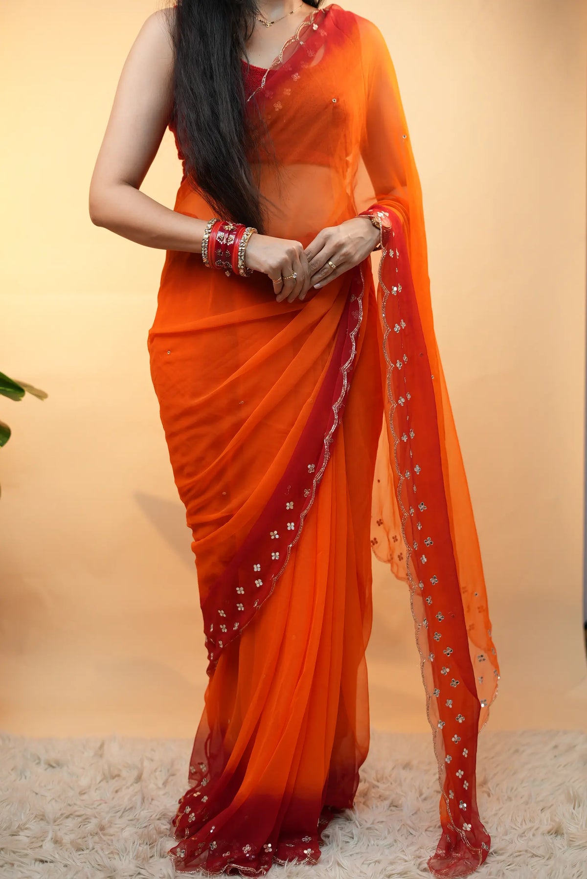 Traditional Rajasthani Pila Saree With Aari Tari, Cutdana & Mirror Work Border (With Blouse)