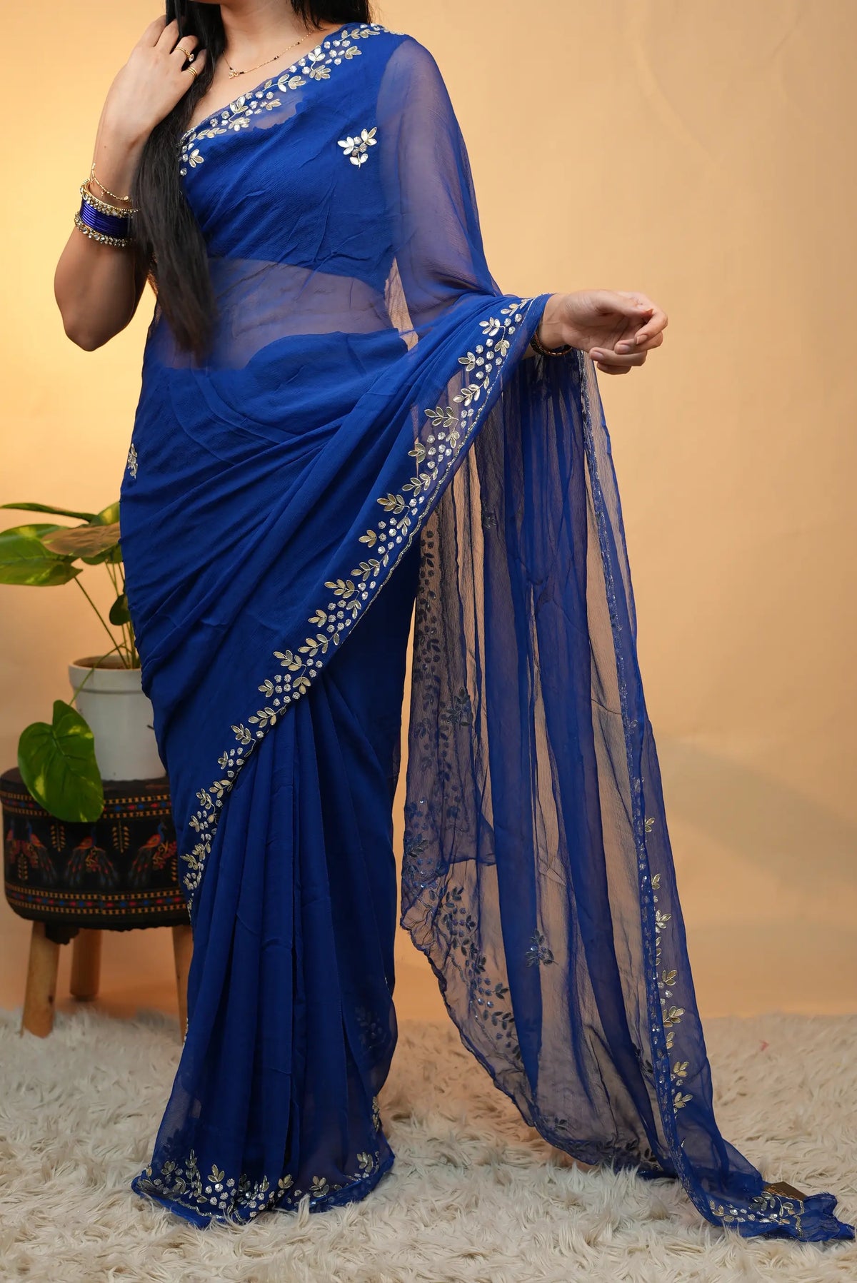 Pure Chiffon Royal Blue Saree with Elegant Sequin & Zardozi with Gota Patti Floral Handwork Border (With Blouse)