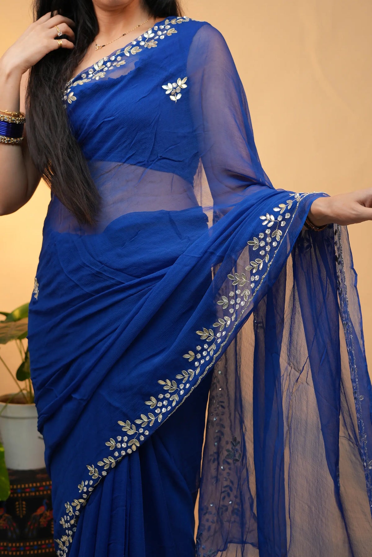 Pure Chiffon Royal Blue Saree with Elegant Sequin & Zardozi with Gota Patti Floral Handwork Border (With Blouse)